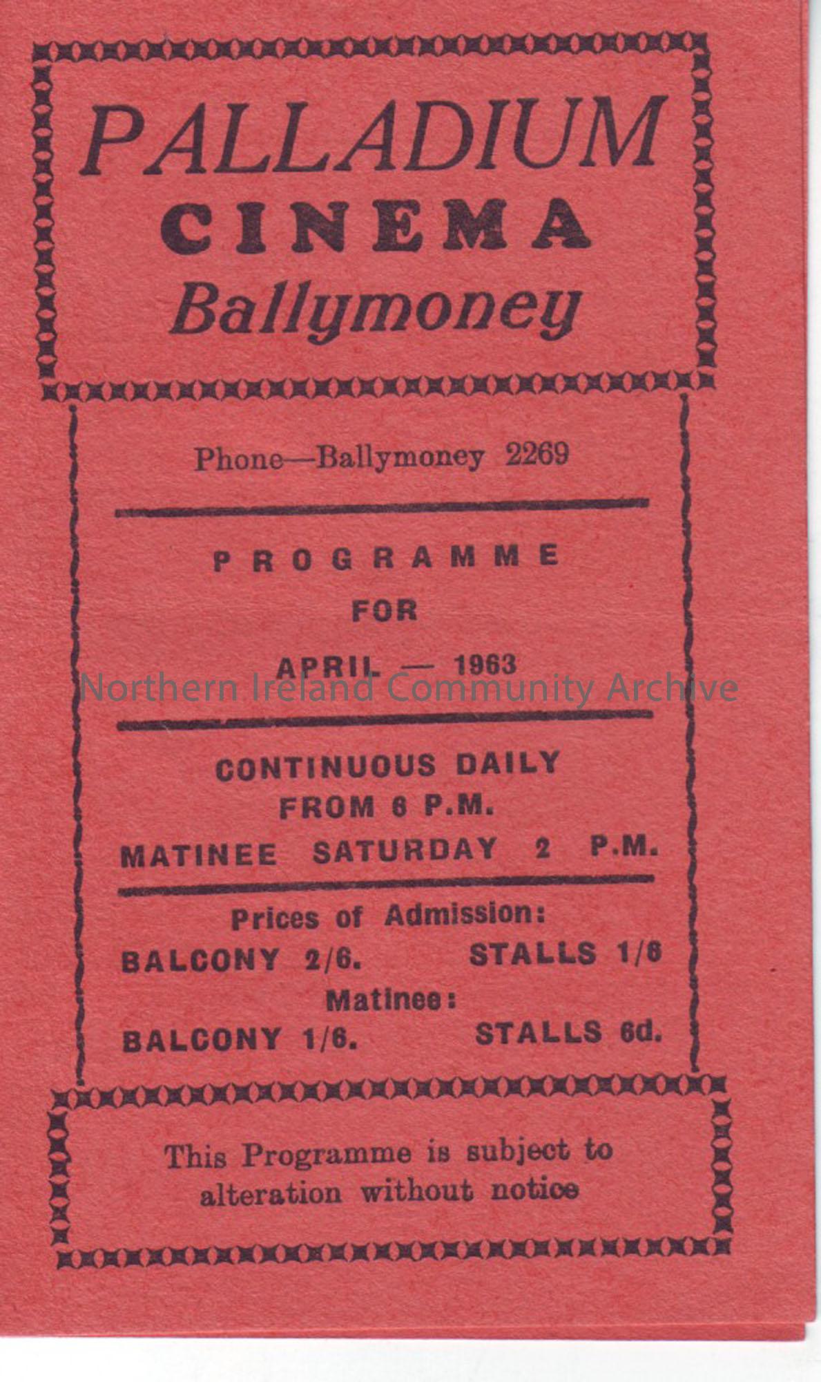orange monthly programme for Ballymoney Palladium cinema- April 1963