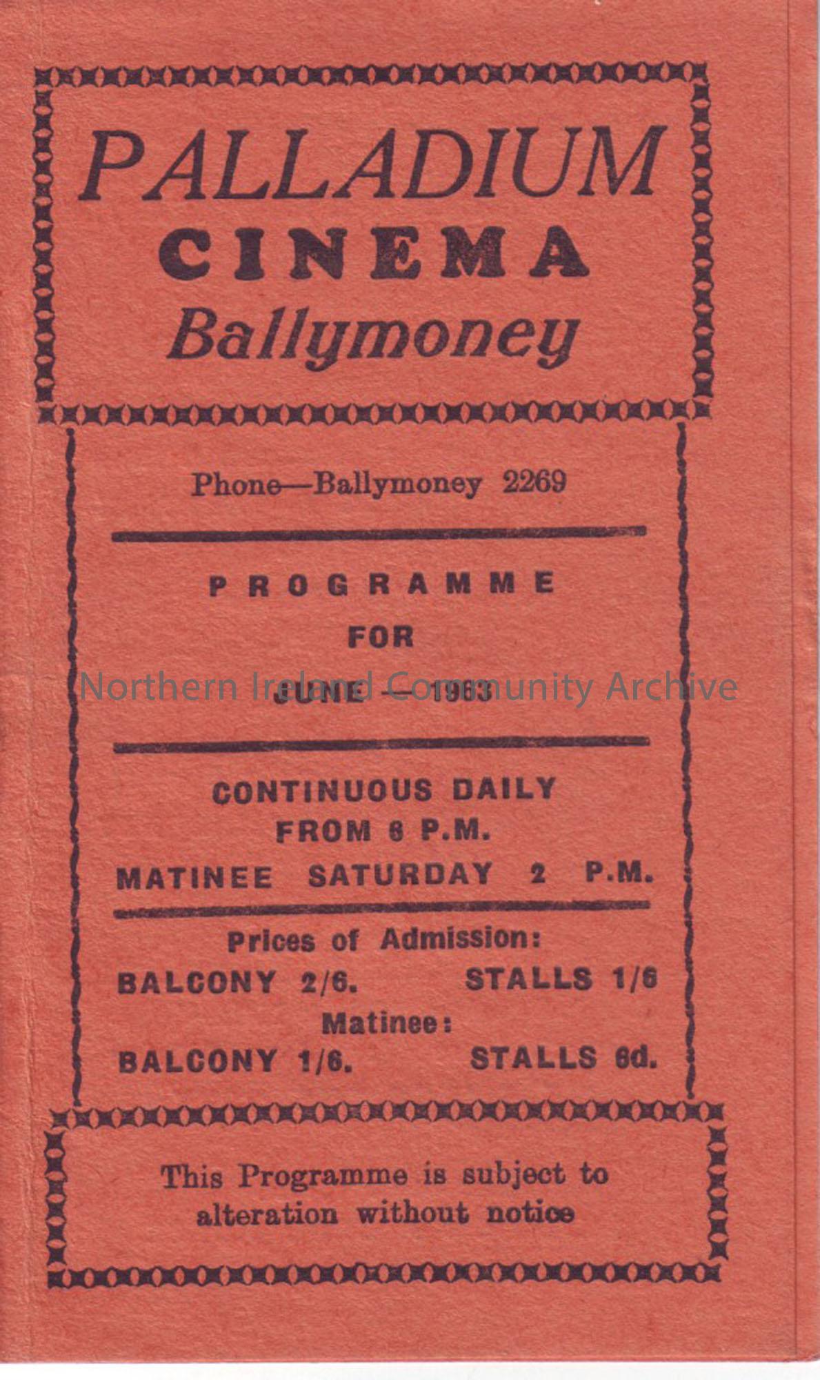 orange monthly programme for Ballymoney Palladium cinema- June 1963