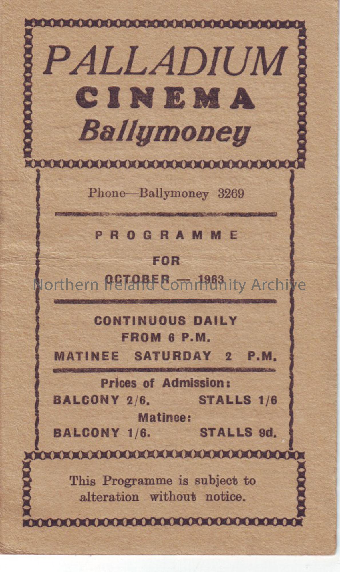 cream monthly programme for Ballymoney Palladium cinema- October 1963