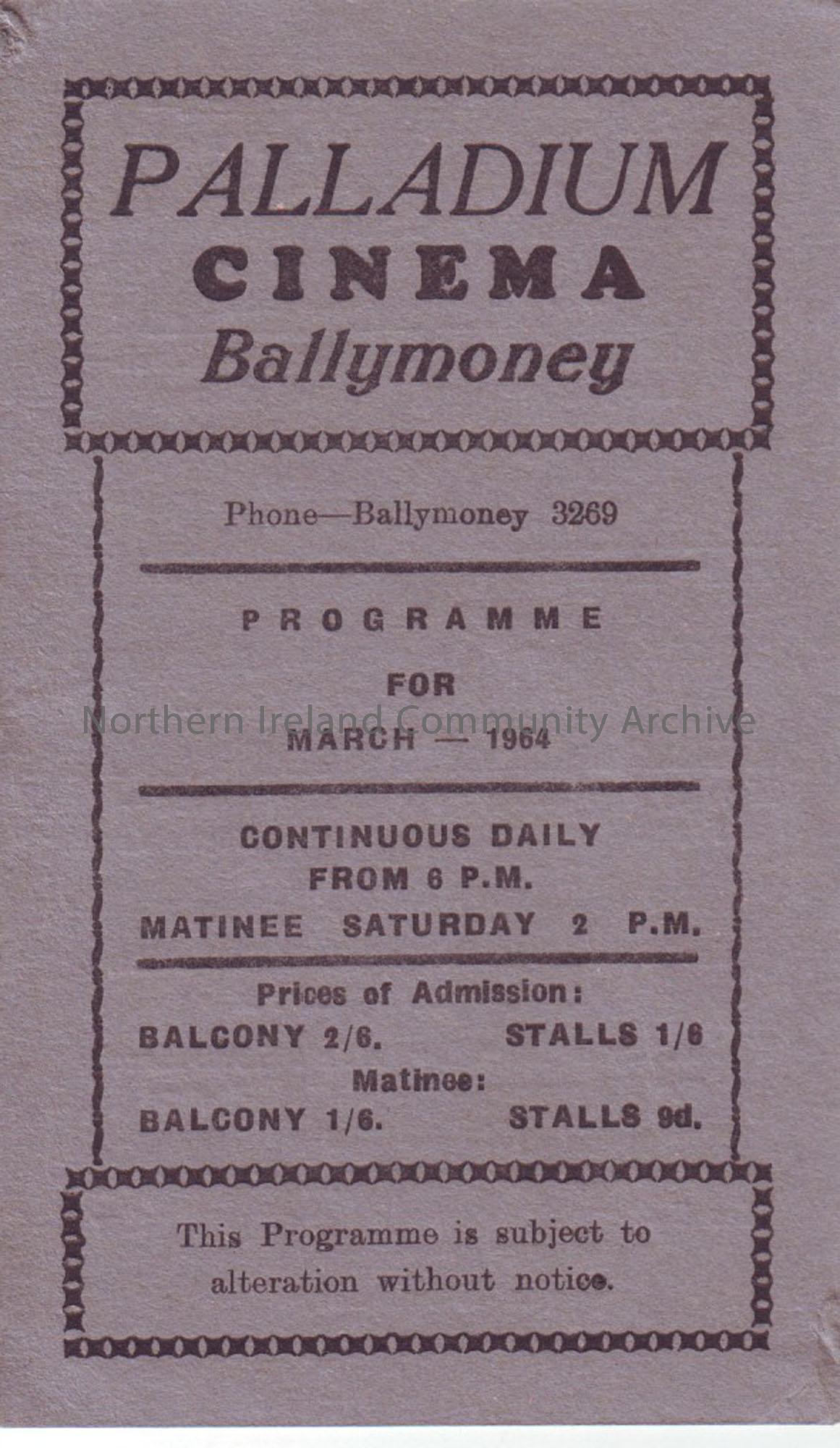 grey monthly programme for Ballymoney Palladium cinema- March 1964
