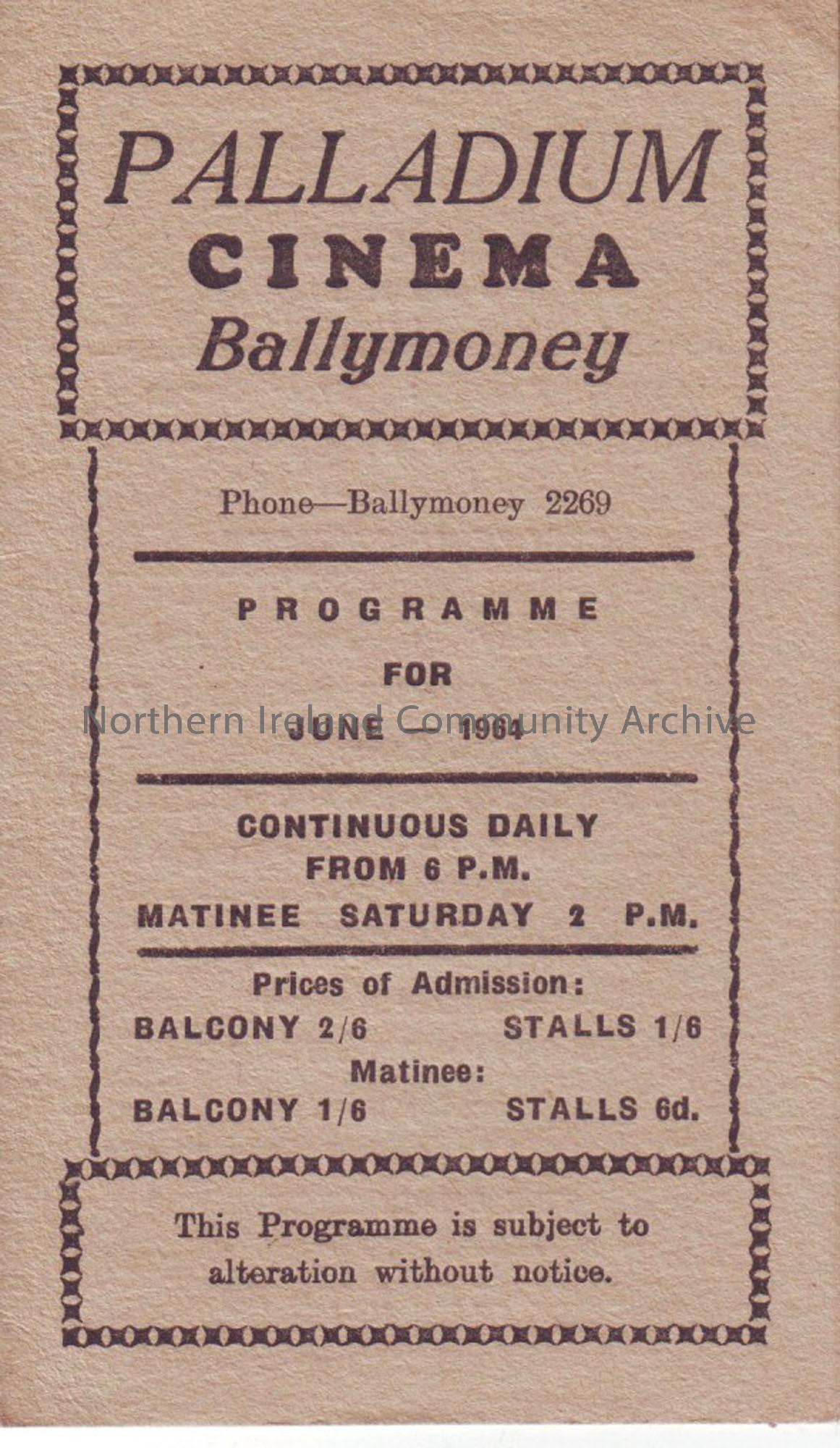 cream monthly programme for Ballymoney Palladium cinema- June 1964