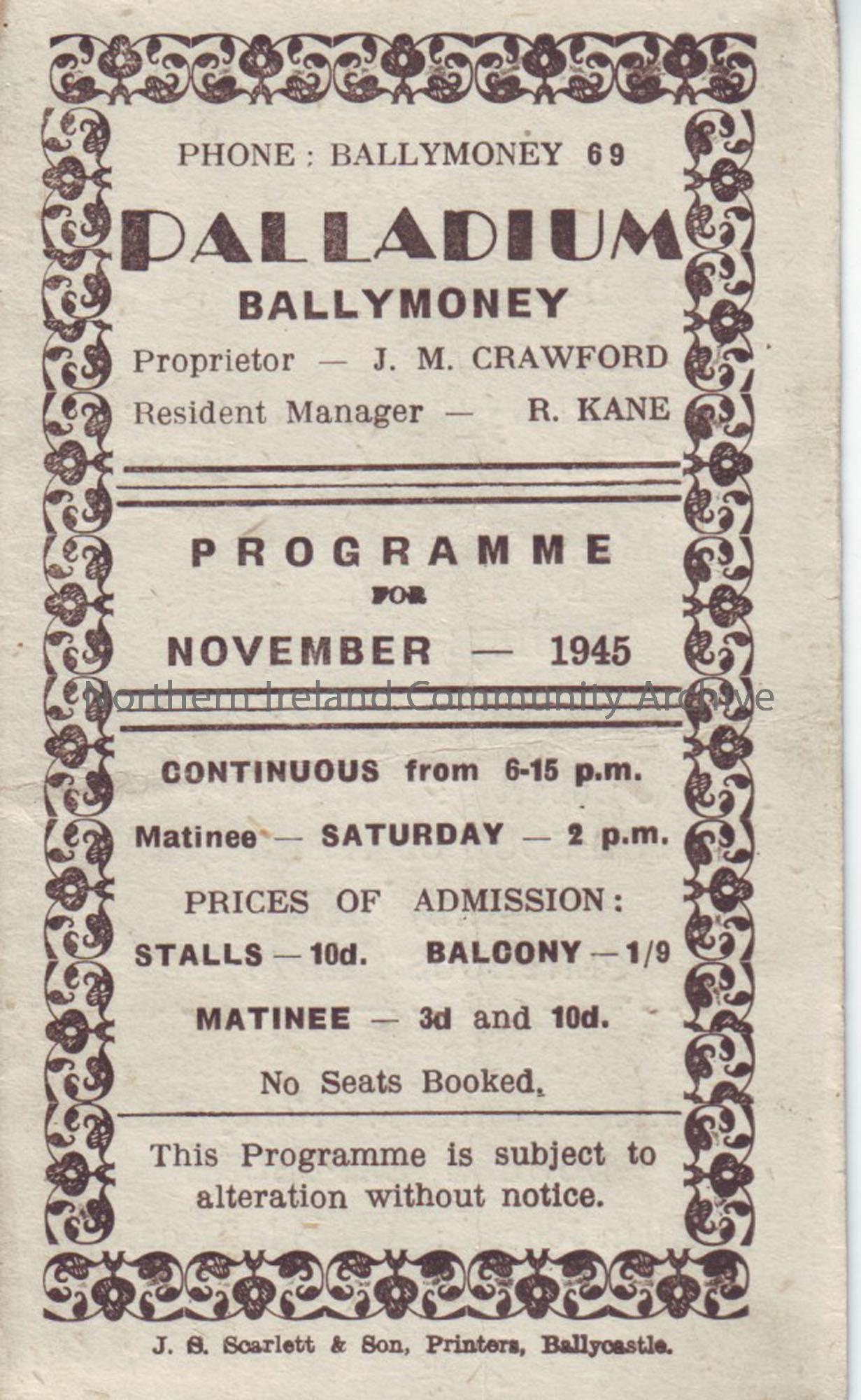 cream programme for Ballymoney Palladium cinema- November 1945
