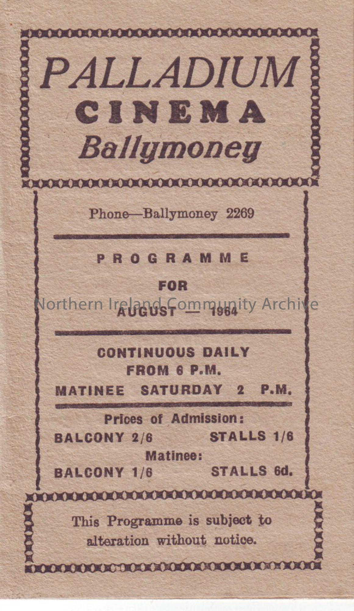 cream monthly programme for Ballymoney Palladium cinema- August 1964