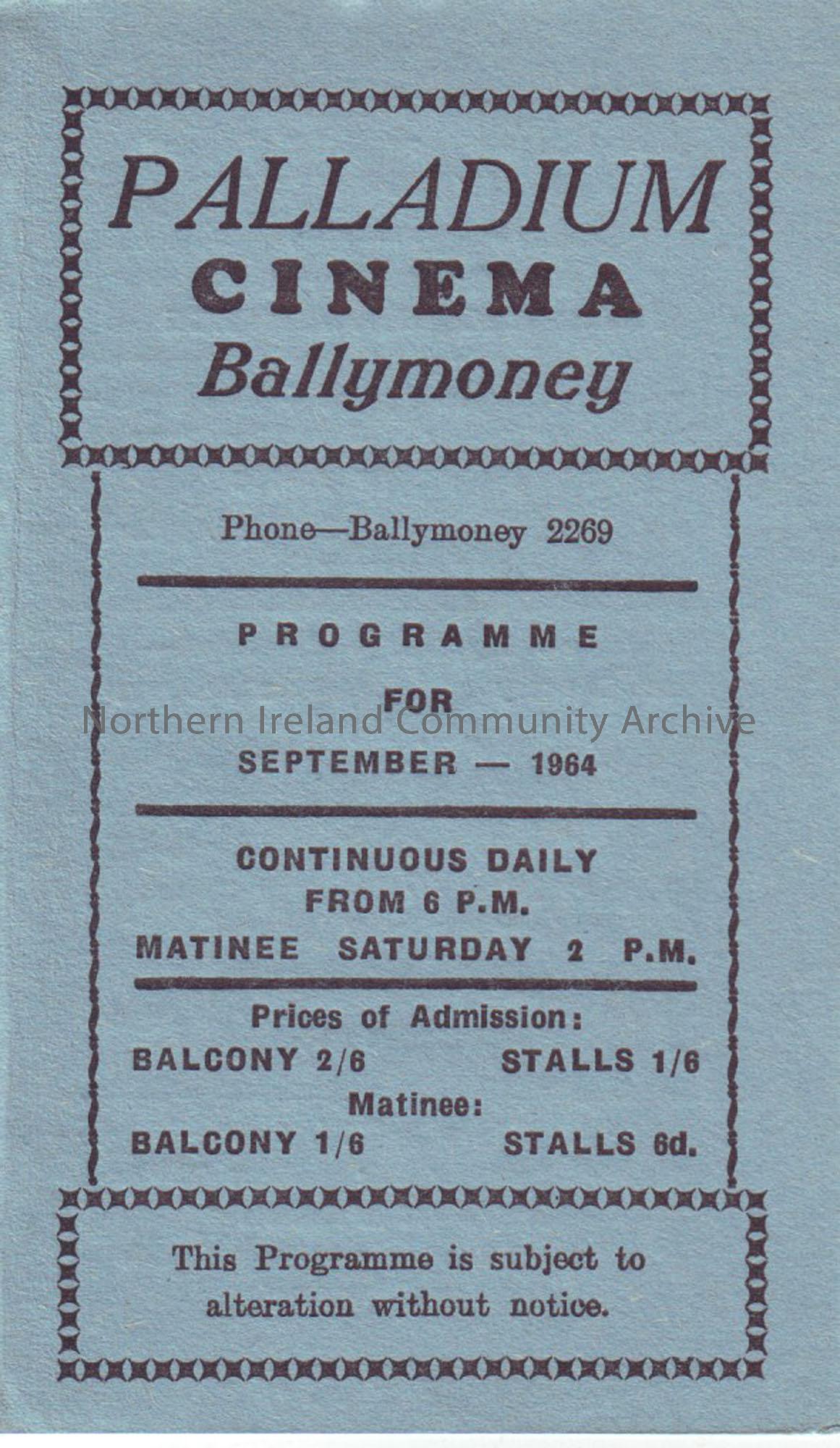 September monthly programme for Ballymoney Palladium cinema- September 1964