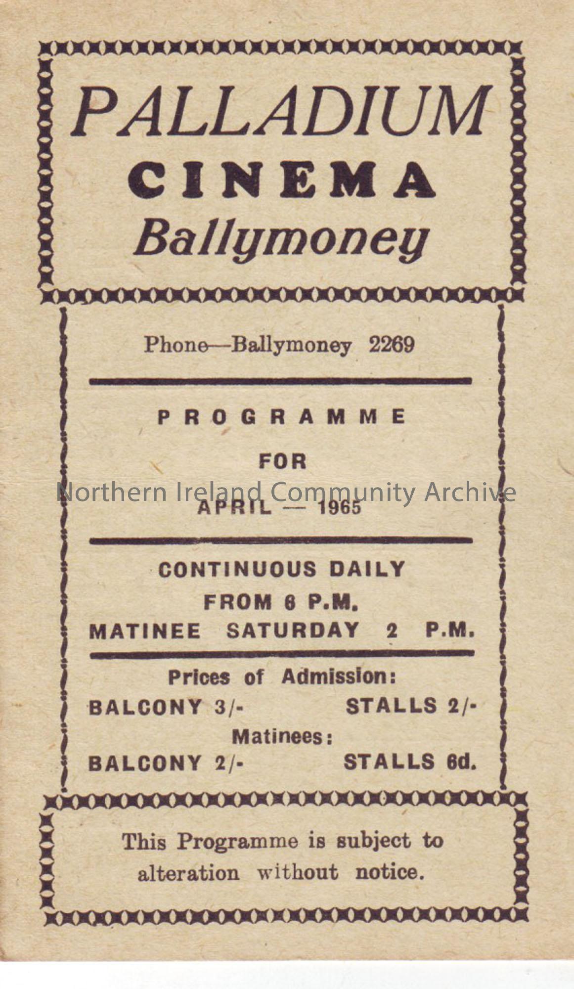 yellow monthly programme for Ballymoney Palladium cinema- April 1965