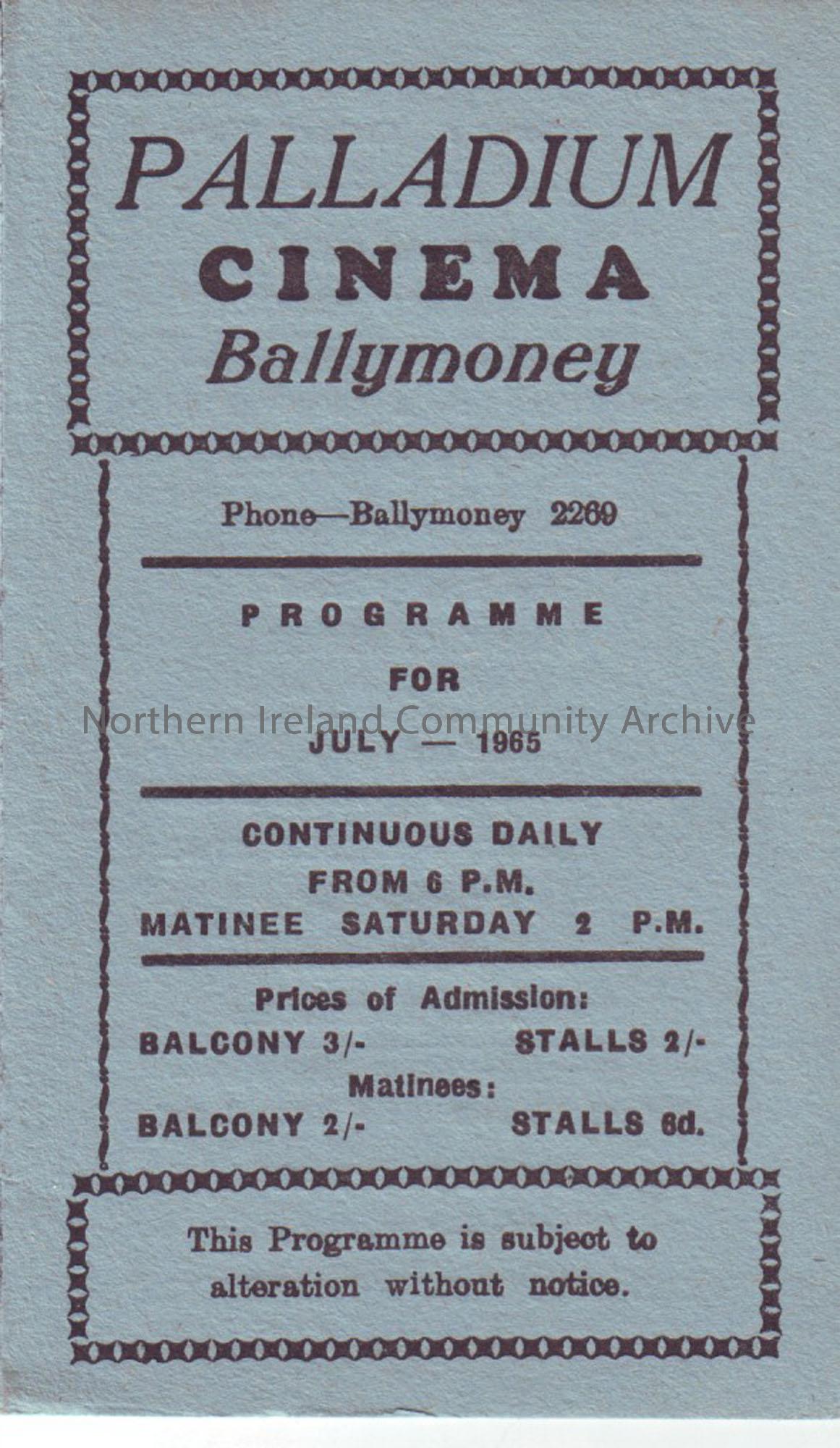 blue monthly programme for Ballymoney Palladium cinema- July 1965
