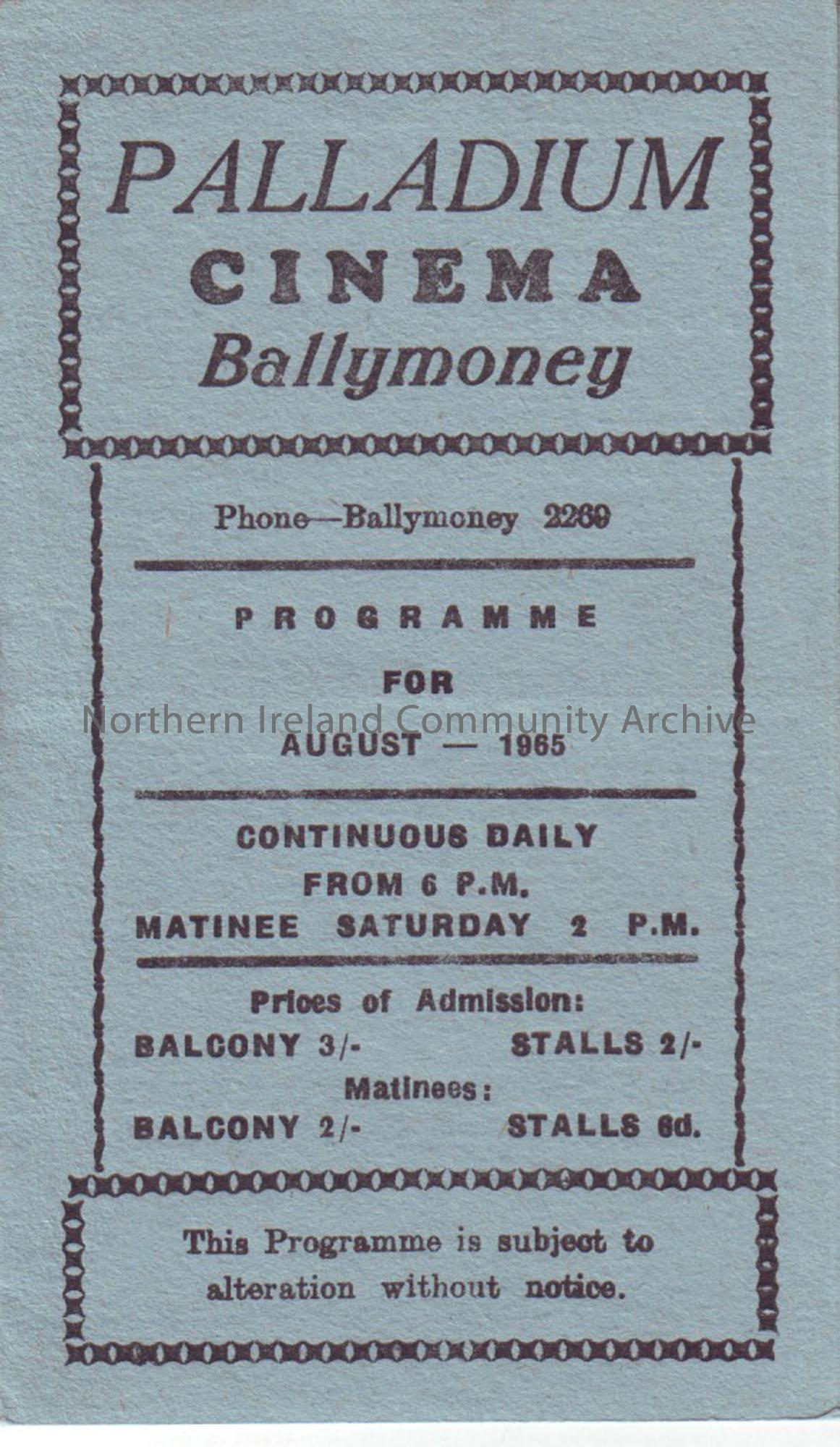 blue monthly programme for Ballymoney Palladium cinema- August 1965