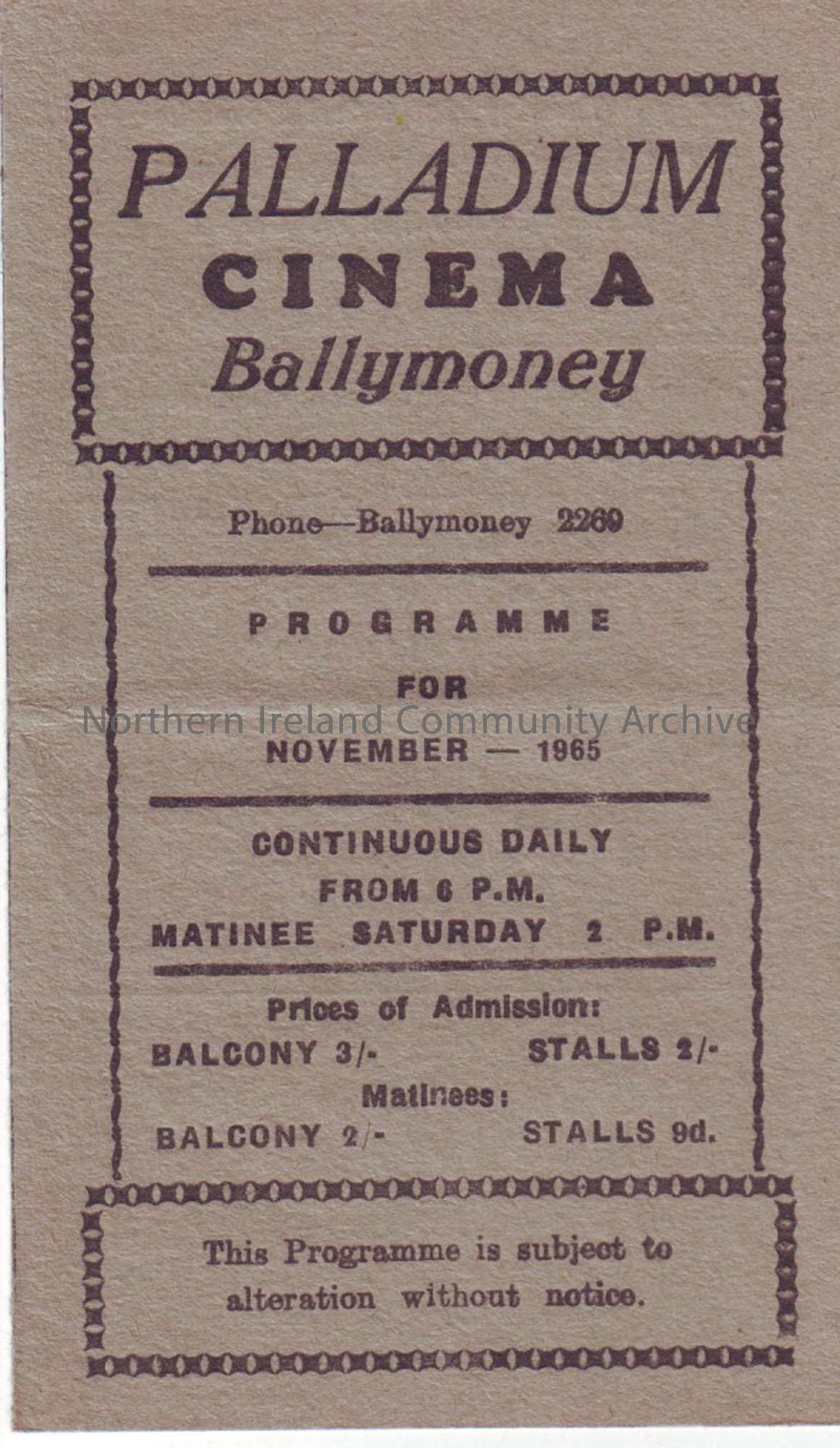 blue monthly programme for Ballymoney Palladium cinema- November 1965