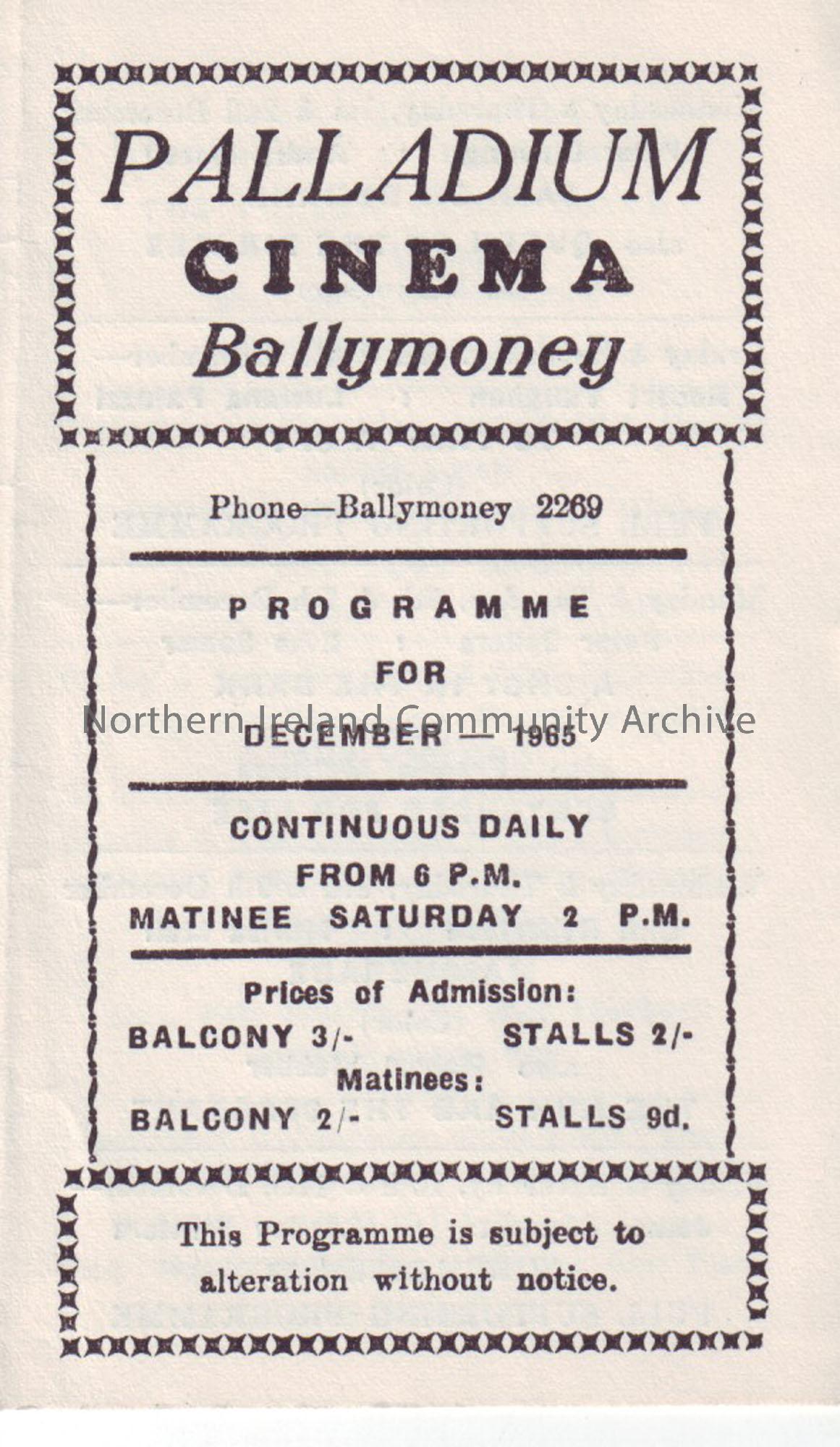 cream monthly programme for Ballymoney Palladium cinema- December 1965