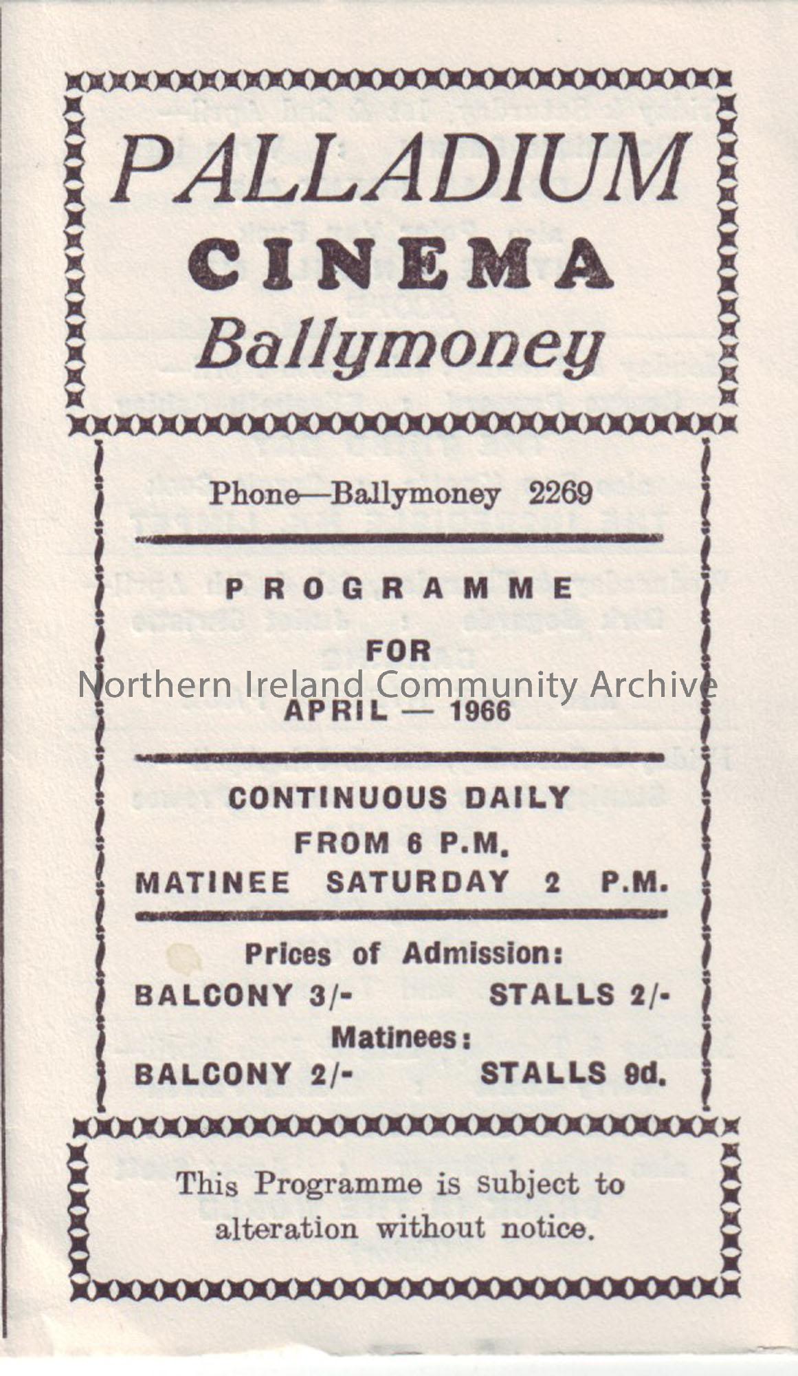 cream monthly programme for Ballymoney Palladium cinema- April 1966