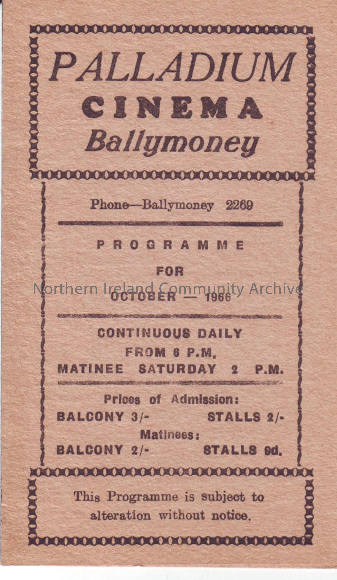 cream monthly programme for Ballymoney Palladium cinema- October 1966