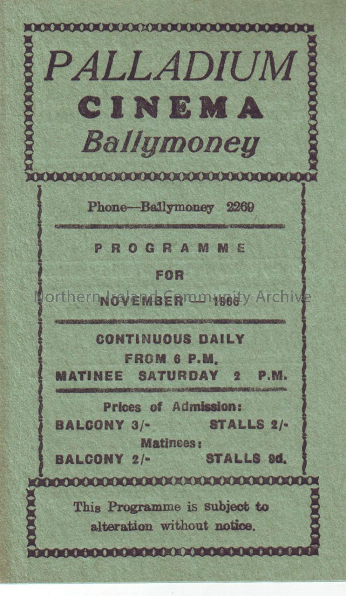 green monthly programme for Ballymoney Palladium cinema- November 1966