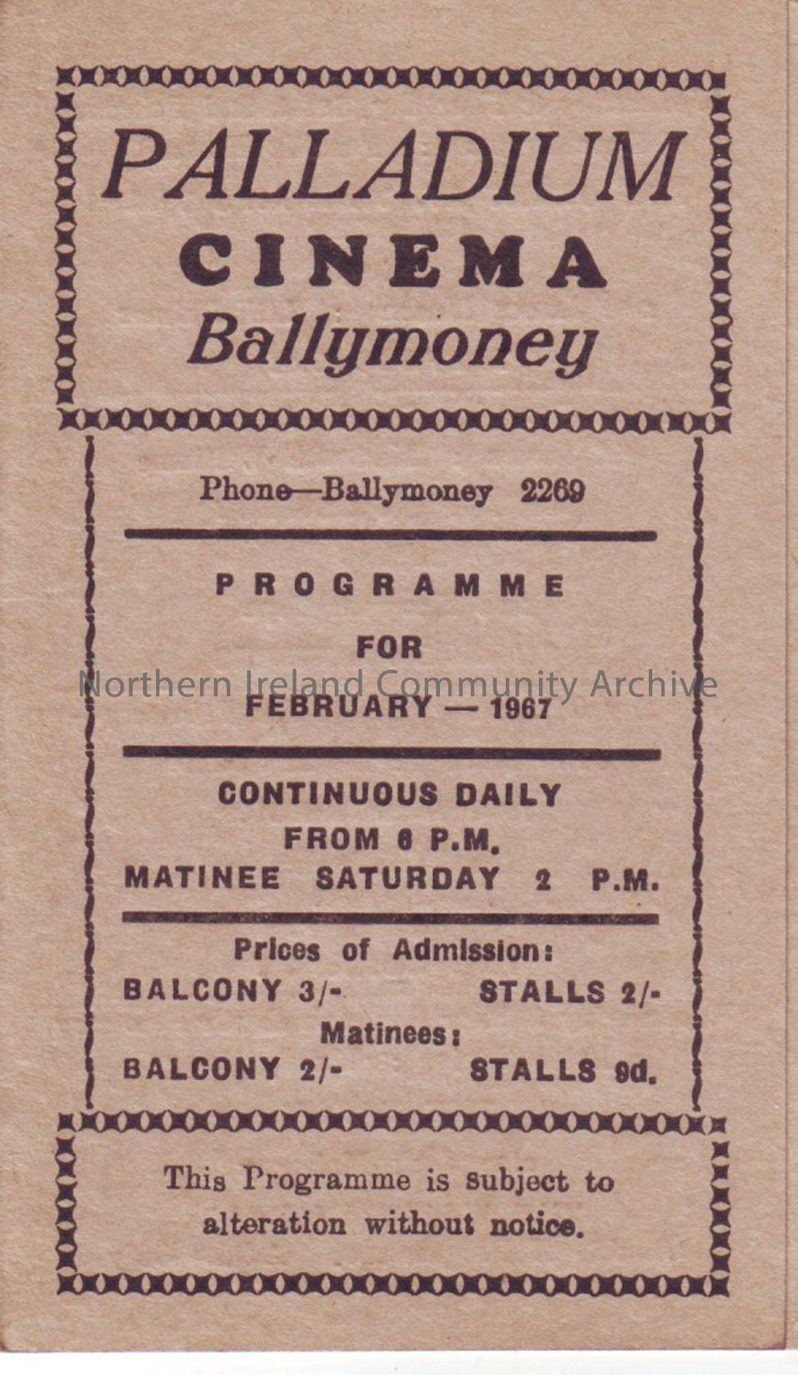 cream monthly programme for Ballymoney Palladium cinema- February 1967