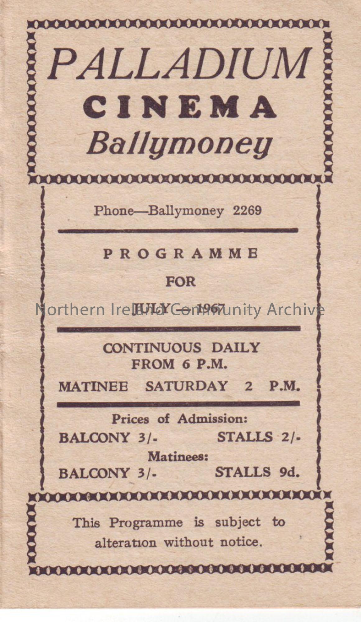 cream monthly programme for Ballymoney Palladium cinema- July 1967