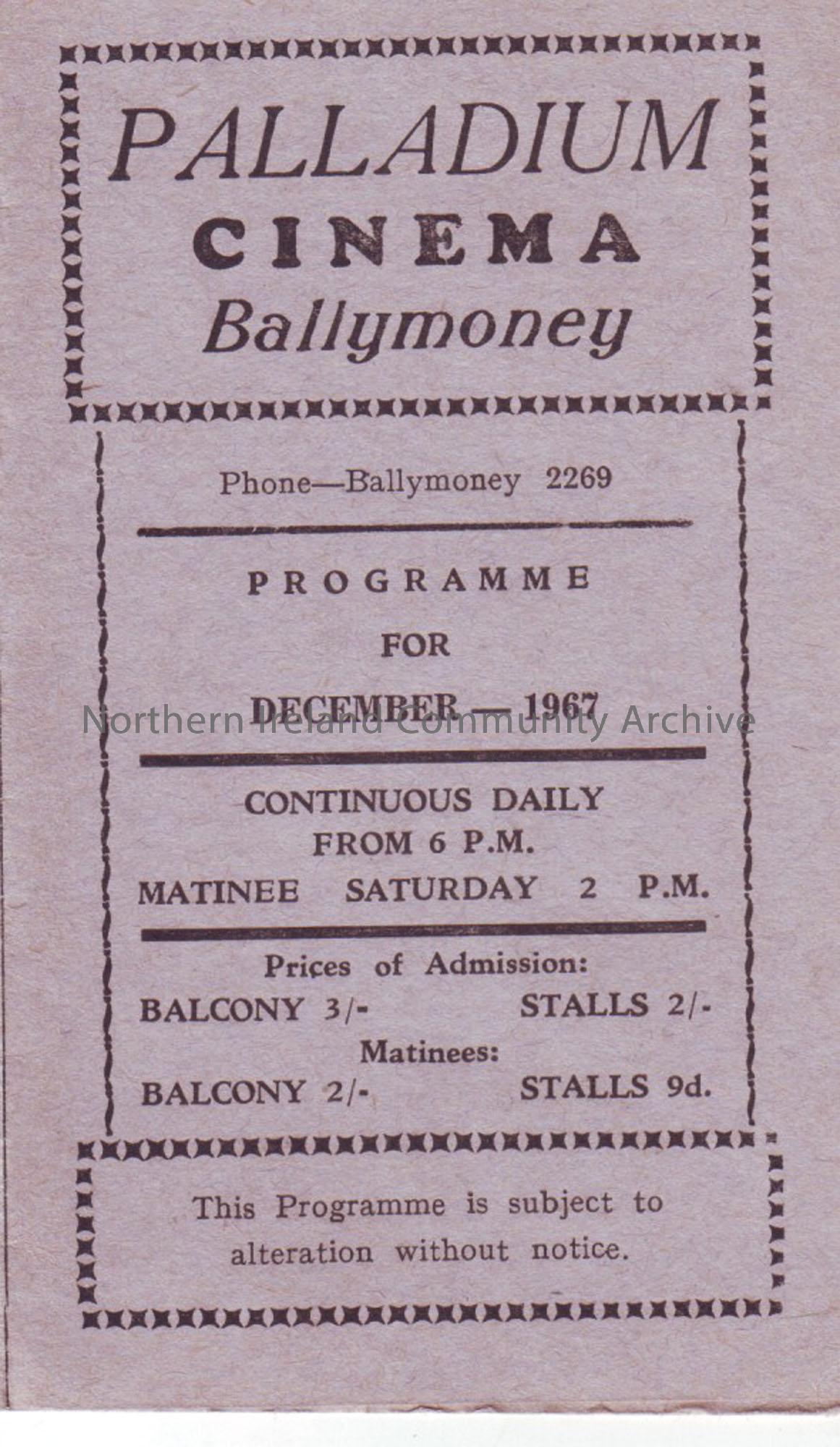 grey monthly programme for Ballymoney Palladium cinema- December 1967