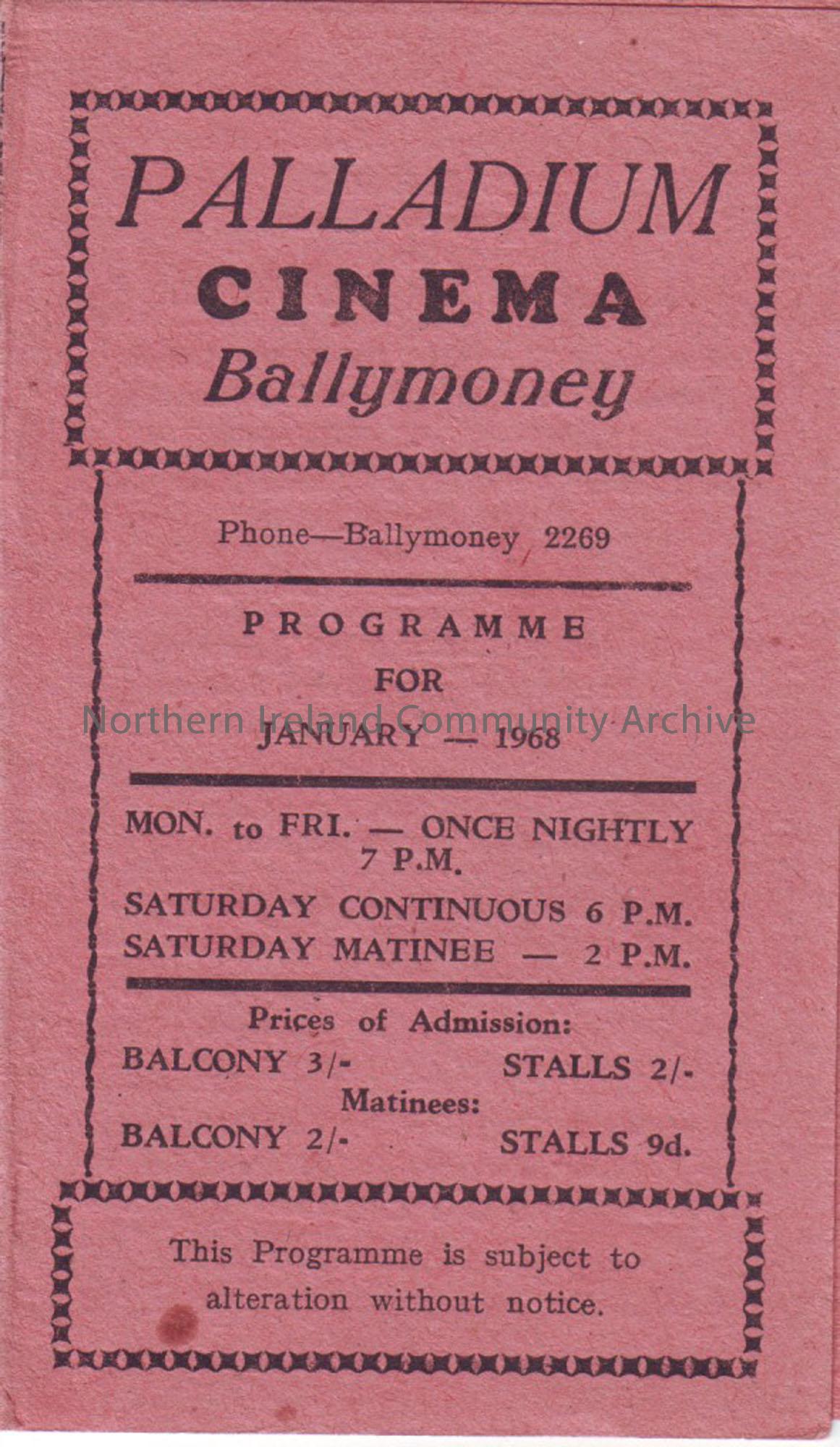 pink monthly programme for Ballymoney Palladium cinema- January 1968