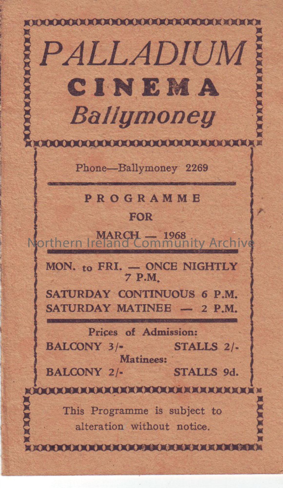 orange monthly programme for Ballymoney Palladium cinema- March 1968
