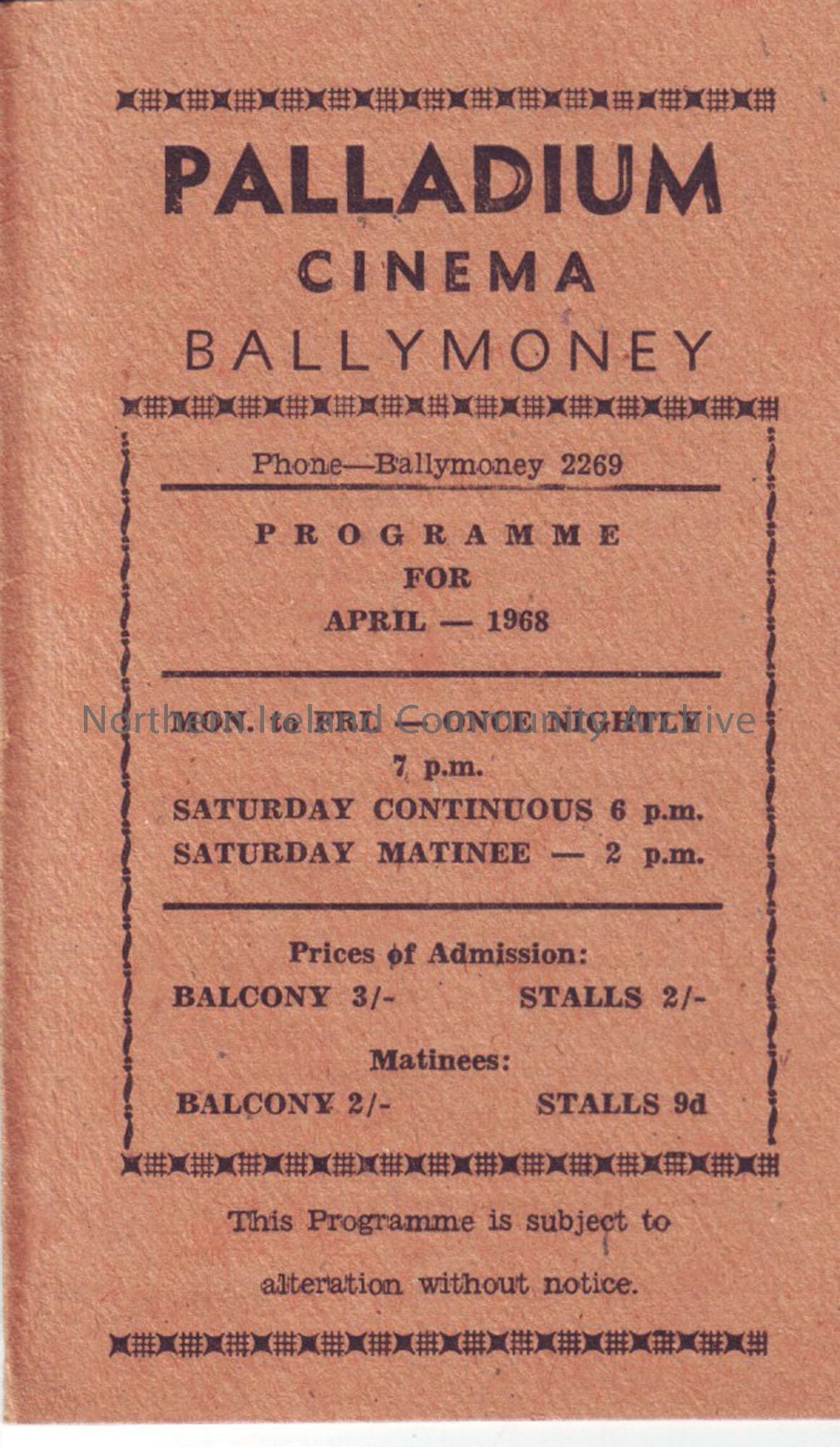 orange monthly programme for Ballymoney Palladium cinema- April 1968