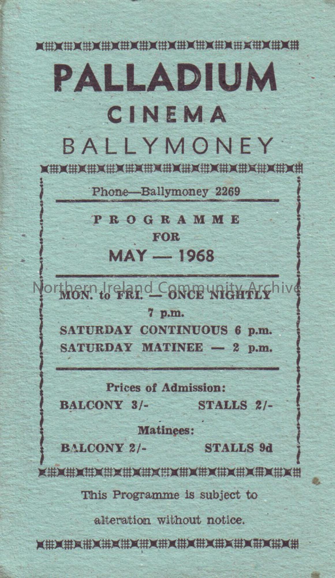 green monthly programme for Ballymoney Palladium cinema- May 1968