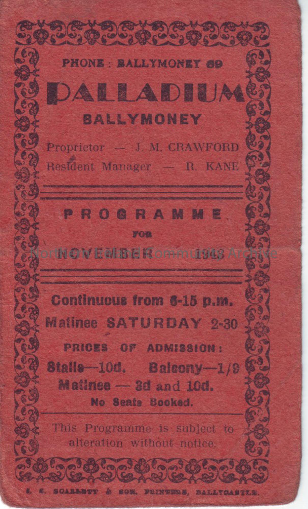 Red programme for Ballymoney Palladium cinema- November 1943