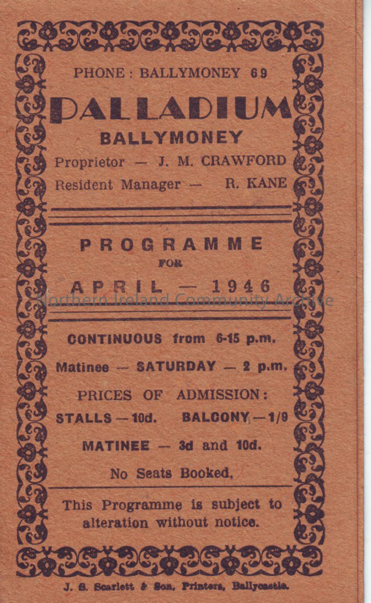 brown programme for Ballymoney Palladium cinema- April 1946