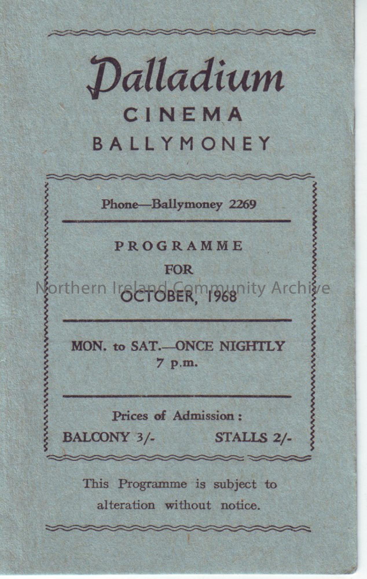 green monthly programme for Ballymoney Palladium cinema- October 1968