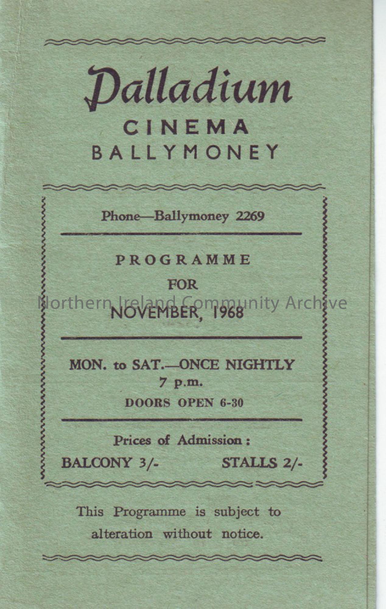 green monthly programme for Ballymoney Palladium cinema- November 1968