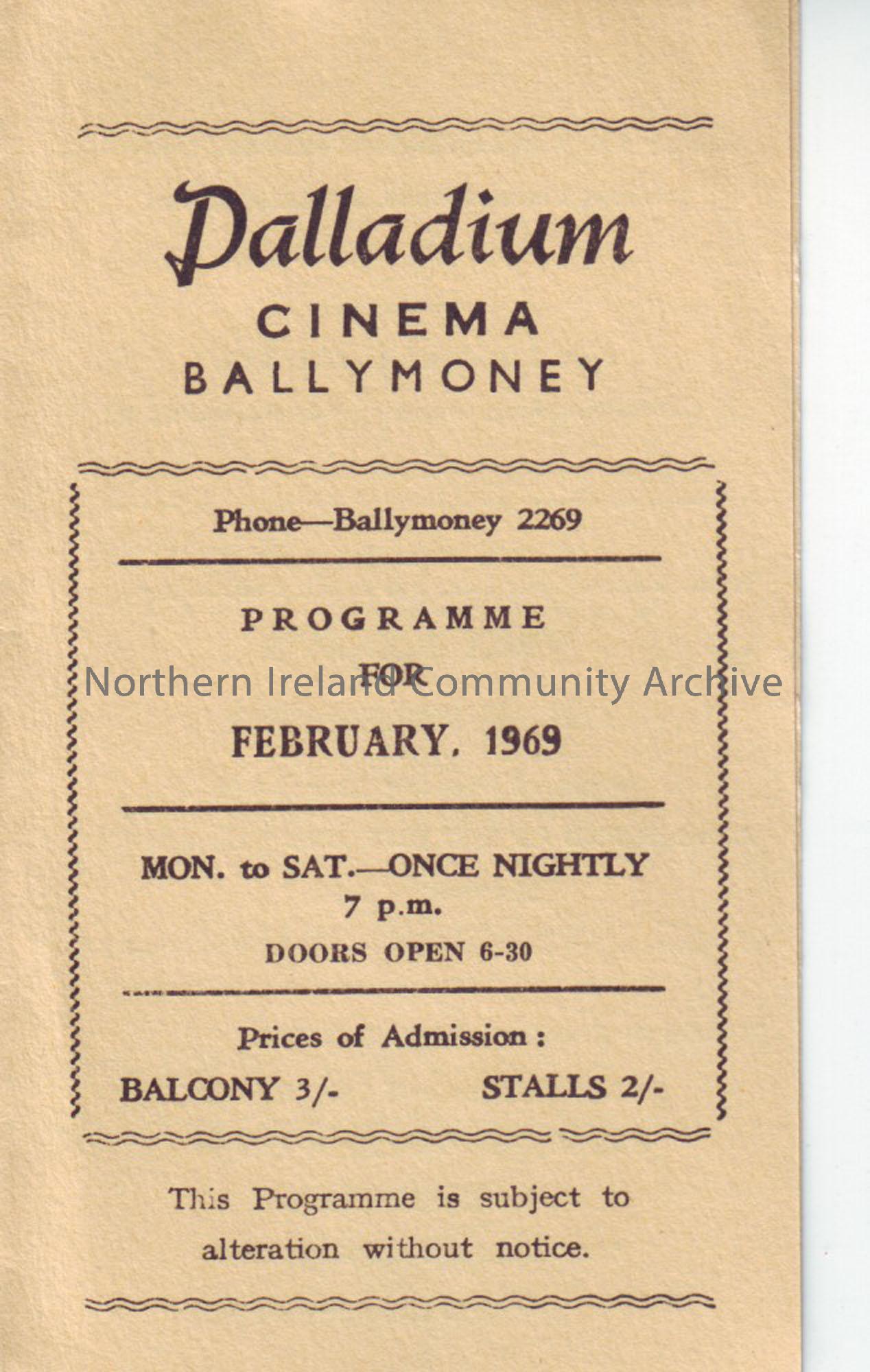 cream monthly programme for Ballymoney Palladium cinema- February 1969