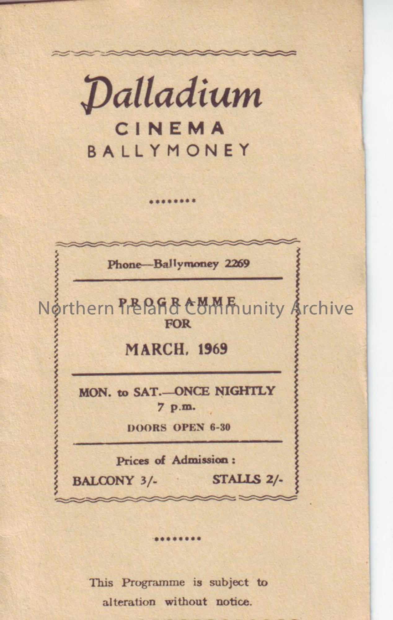 cream monthly programme for Ballymoney Palladium cinema- March 1969