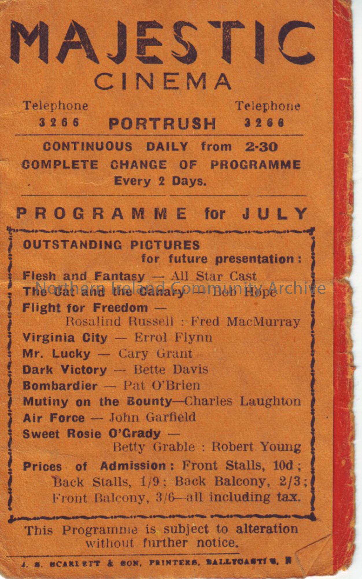 orange monthly programme for Majestic cinema Portrush July 1942