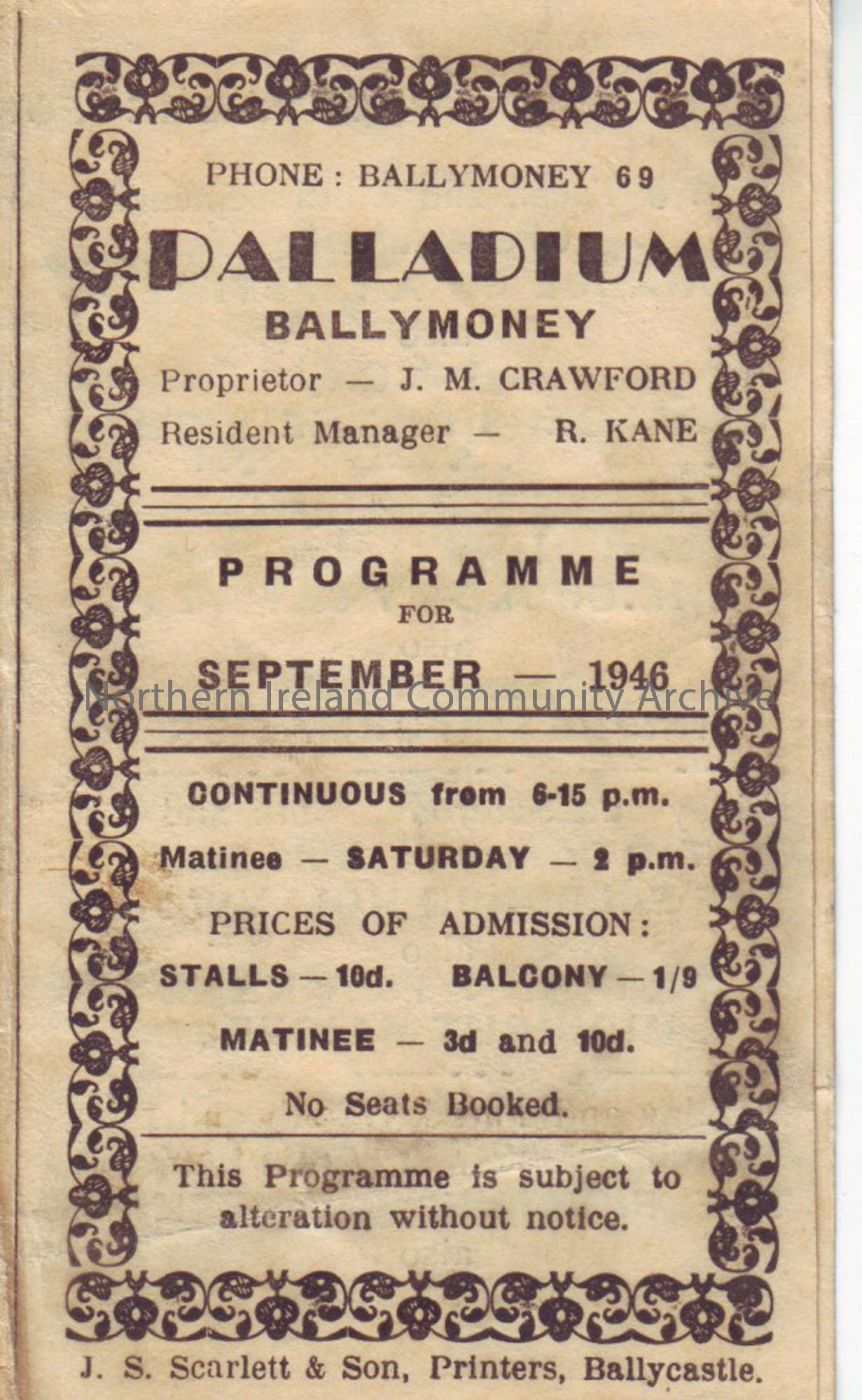 cream programme for Ballymoney Palladium cinema- September 1946