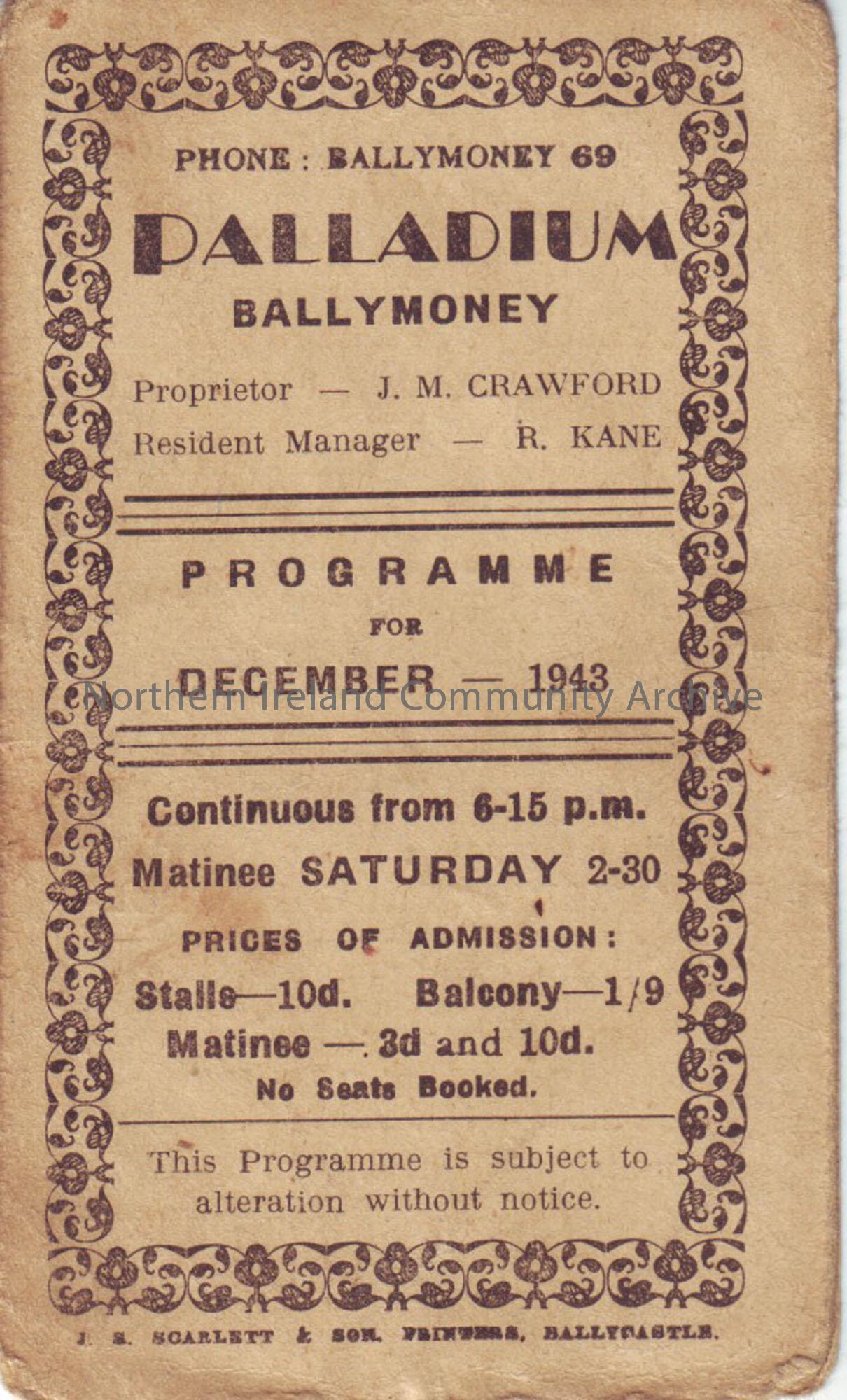 cream programme for Ballymoney Palladium cinema- December 1943
