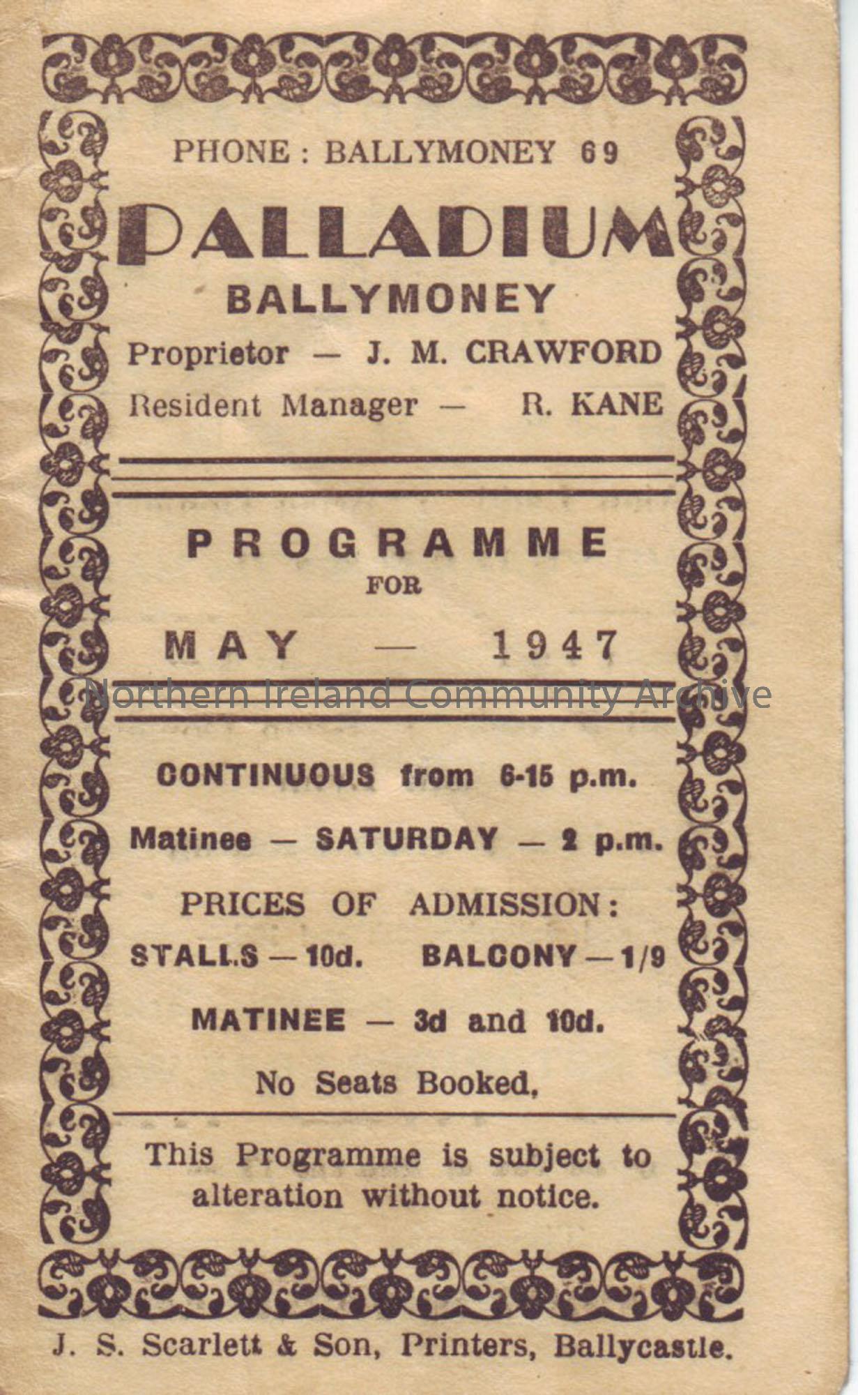 cream programme for Ballymoney Palladium cinema- May 1947