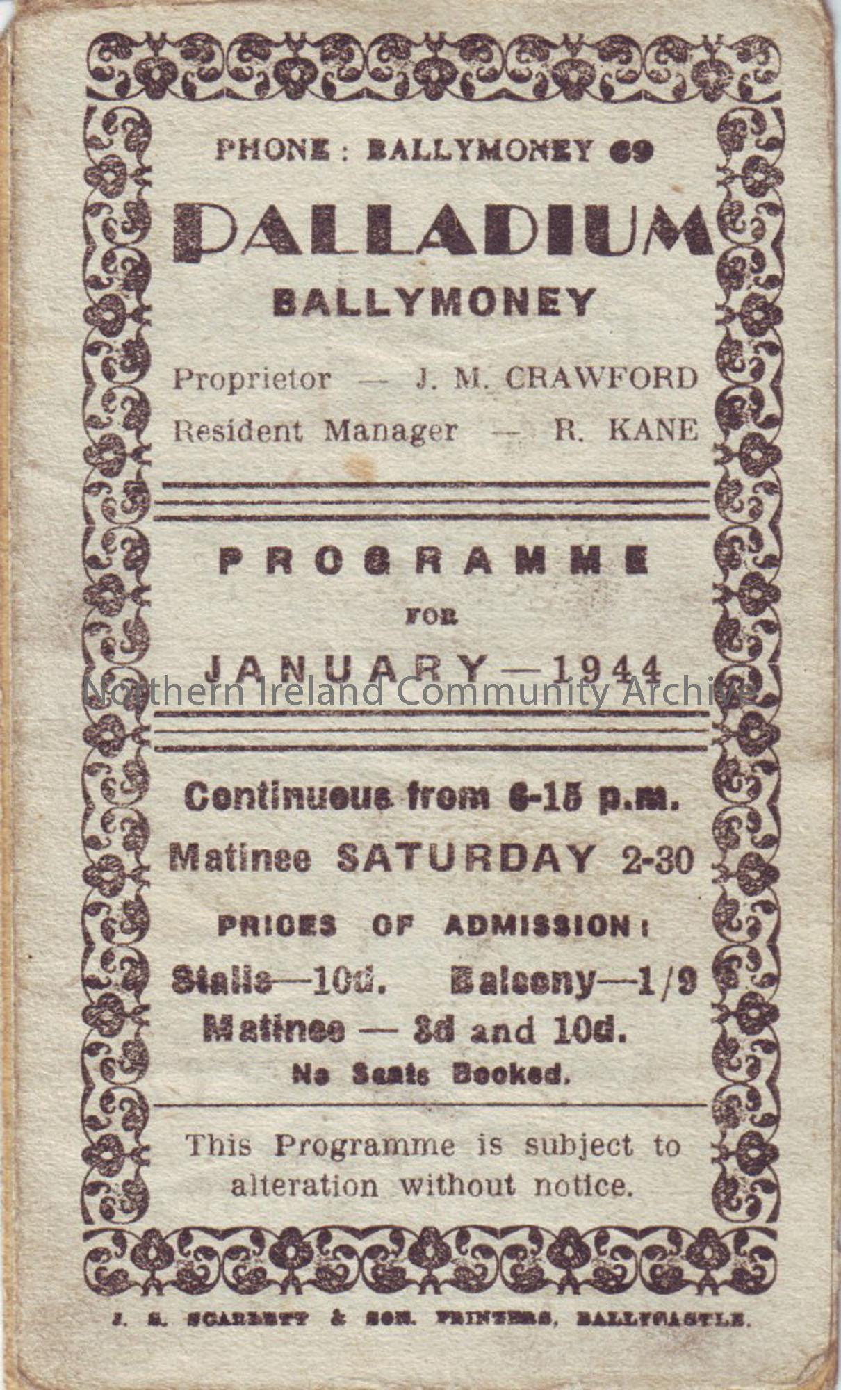 cream programme for Ballymoney Palladium cinema- January and February 1944