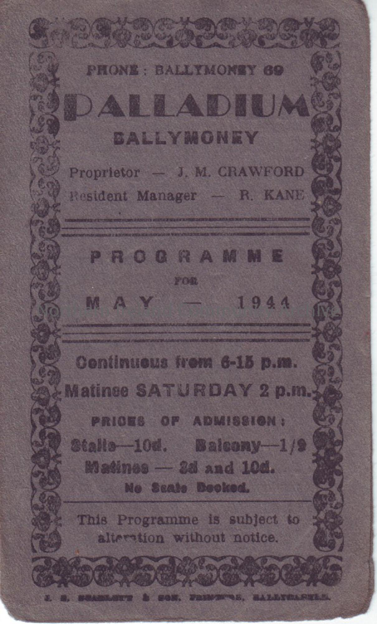 cream programme for Ballymoney Palladium cinema- May 1944