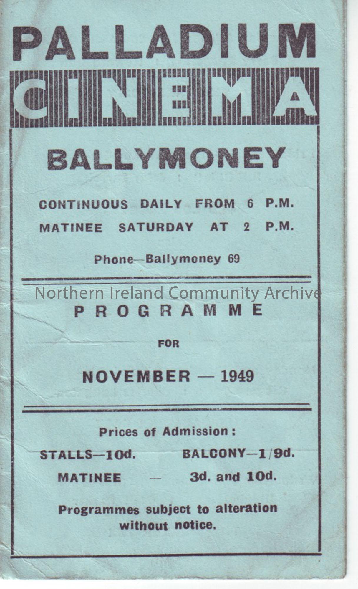 blue monthly programme for Ballymoney Palladium cinema- November 1949