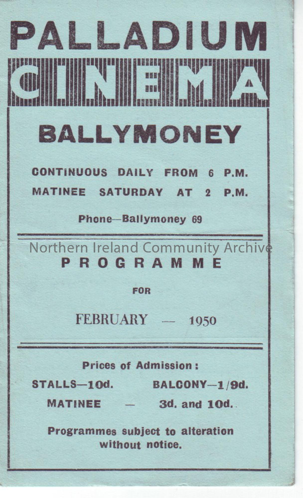 blue monthly programme for Ballymoney Palladium cinema- February 1950