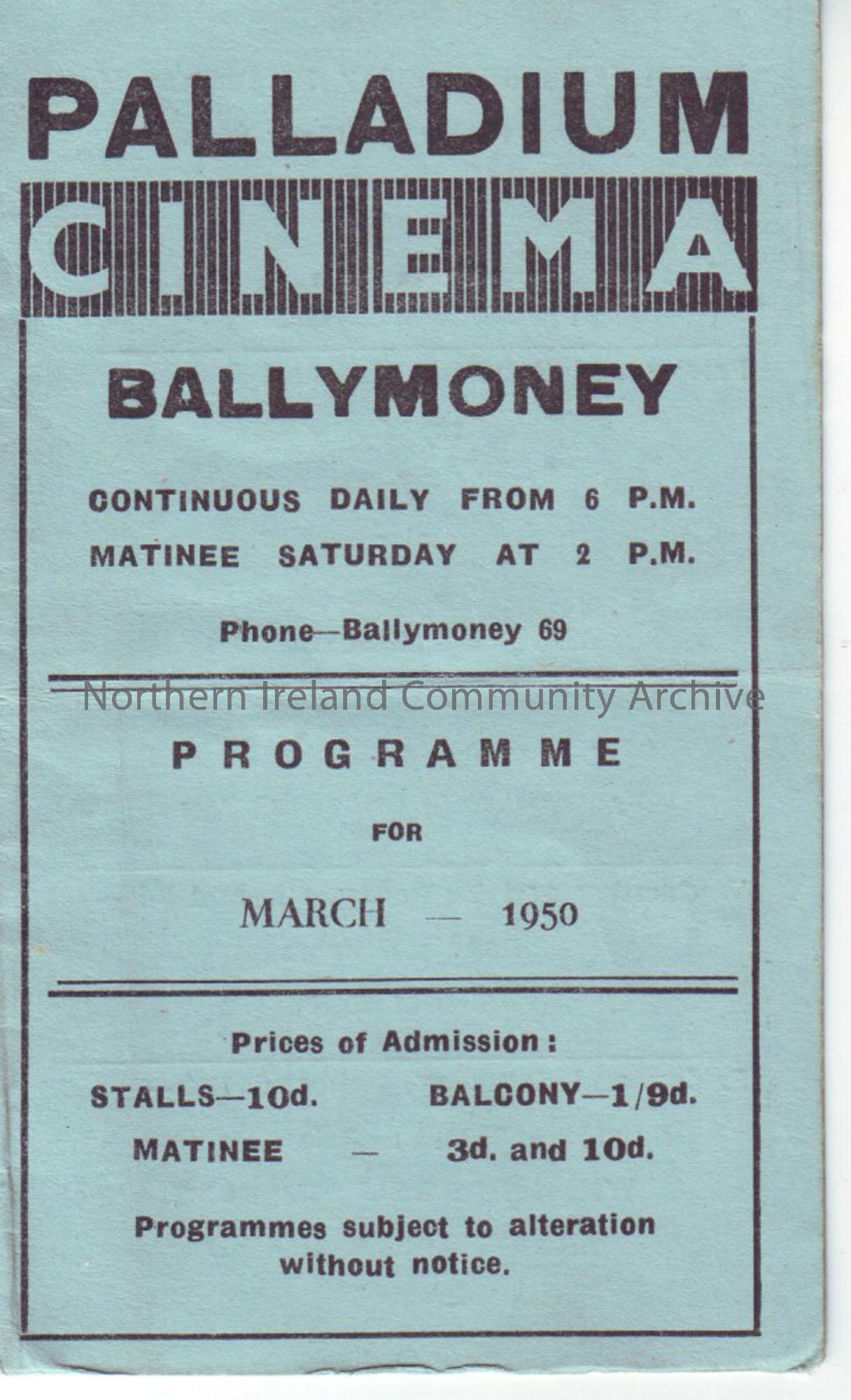 blue monthly programme for Ballymoney Palladium cinema- March 1950
