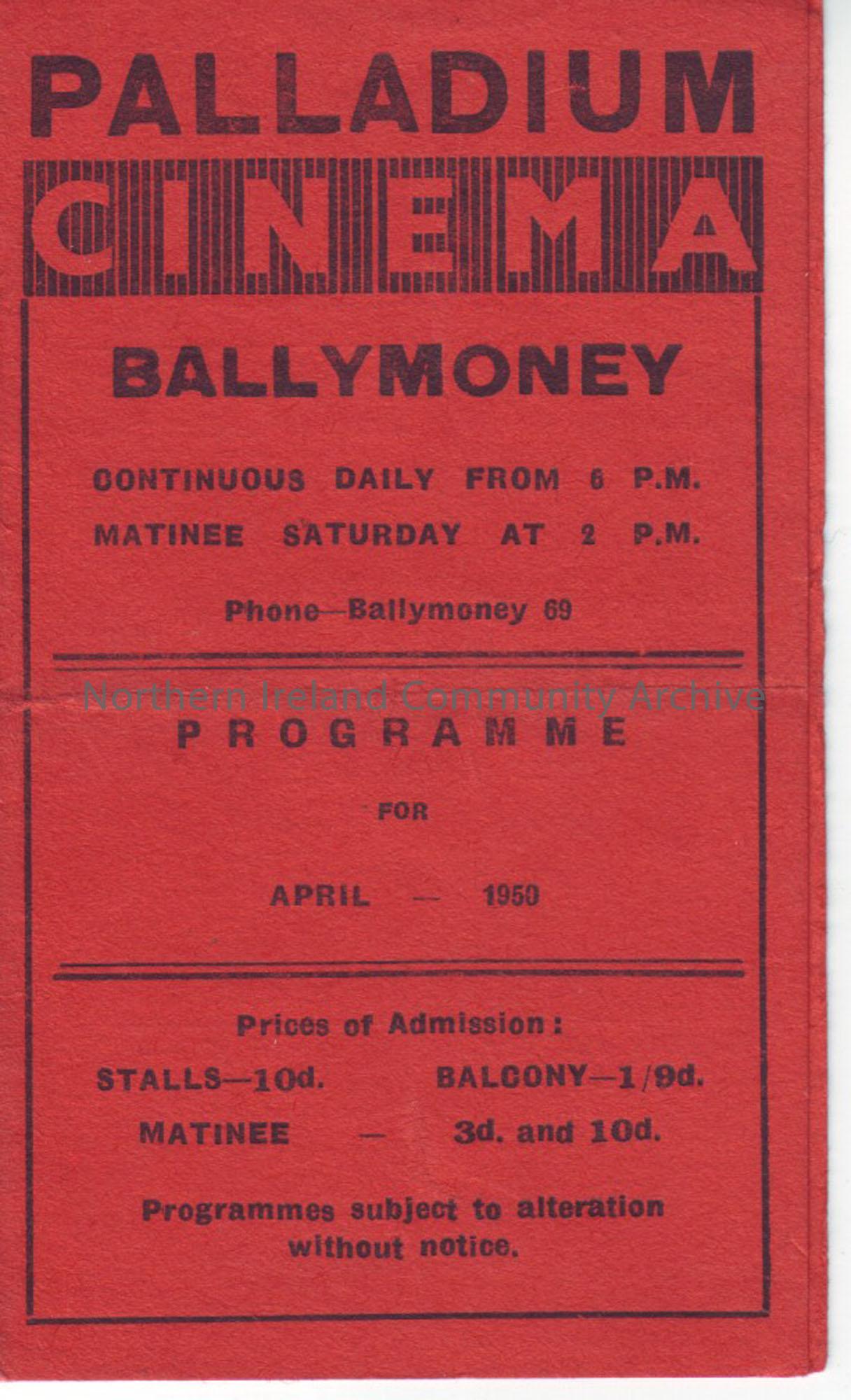 red monthly programme for Ballymoney Palladium cinema- April 1950