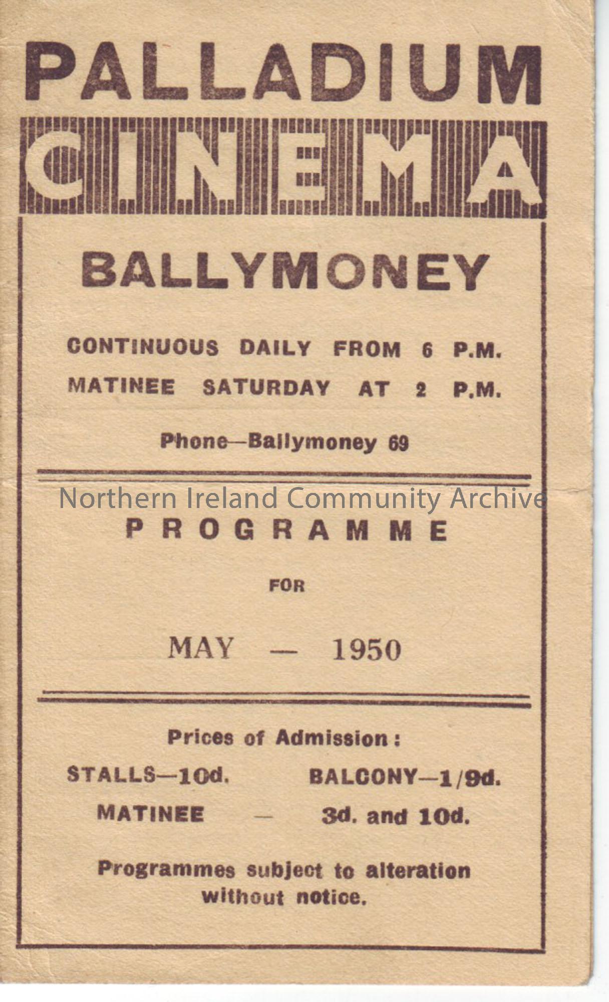 cream monthly programme for Ballymoney Palladium cinema- May 1950