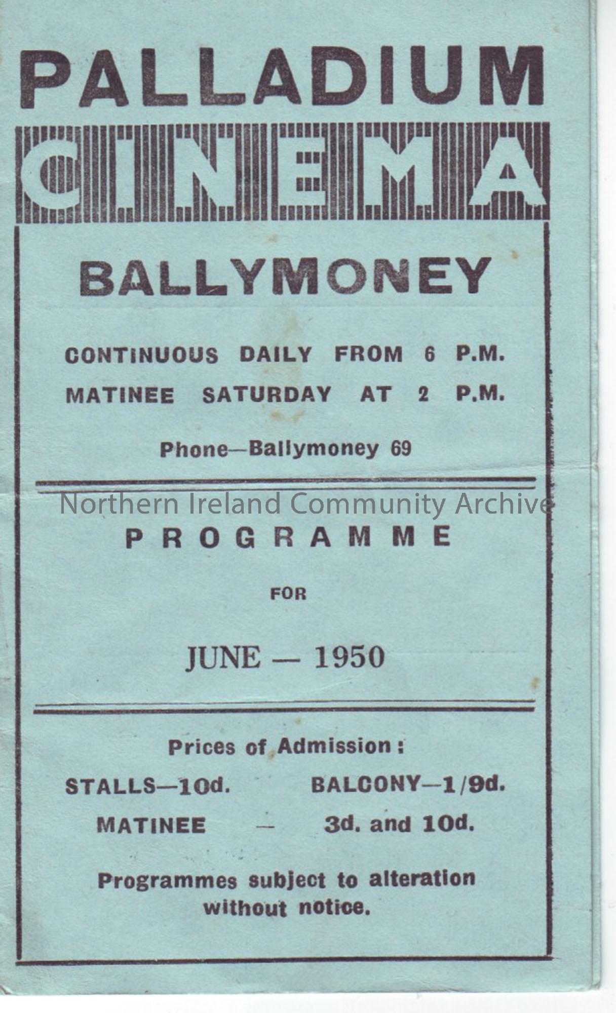 blue monthly programme for Ballymoney Palladium cinema- June 1950