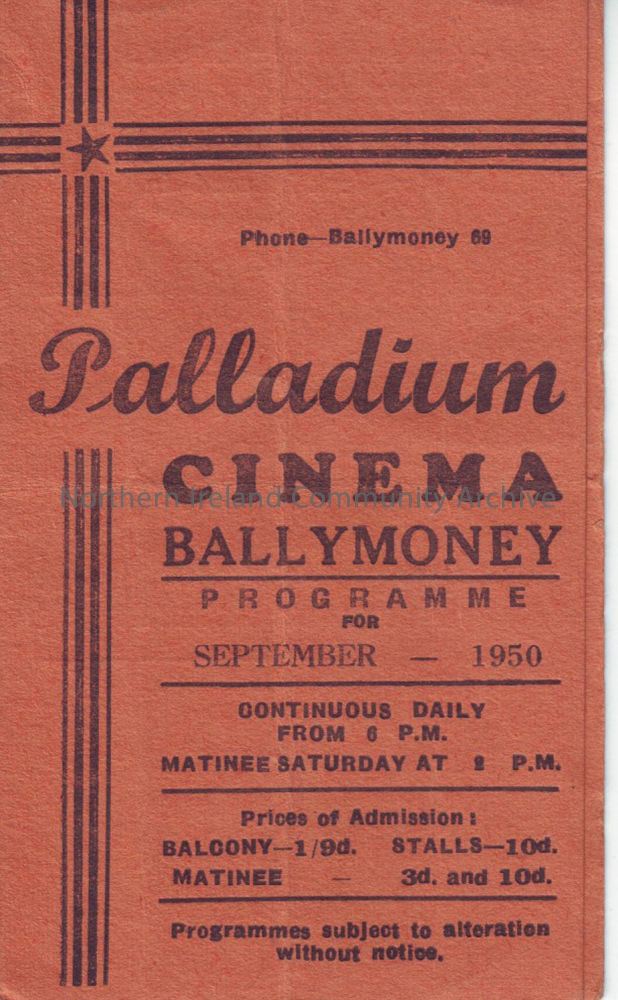orange monthly programme for Ballymoney Palladium cinema- September 1950