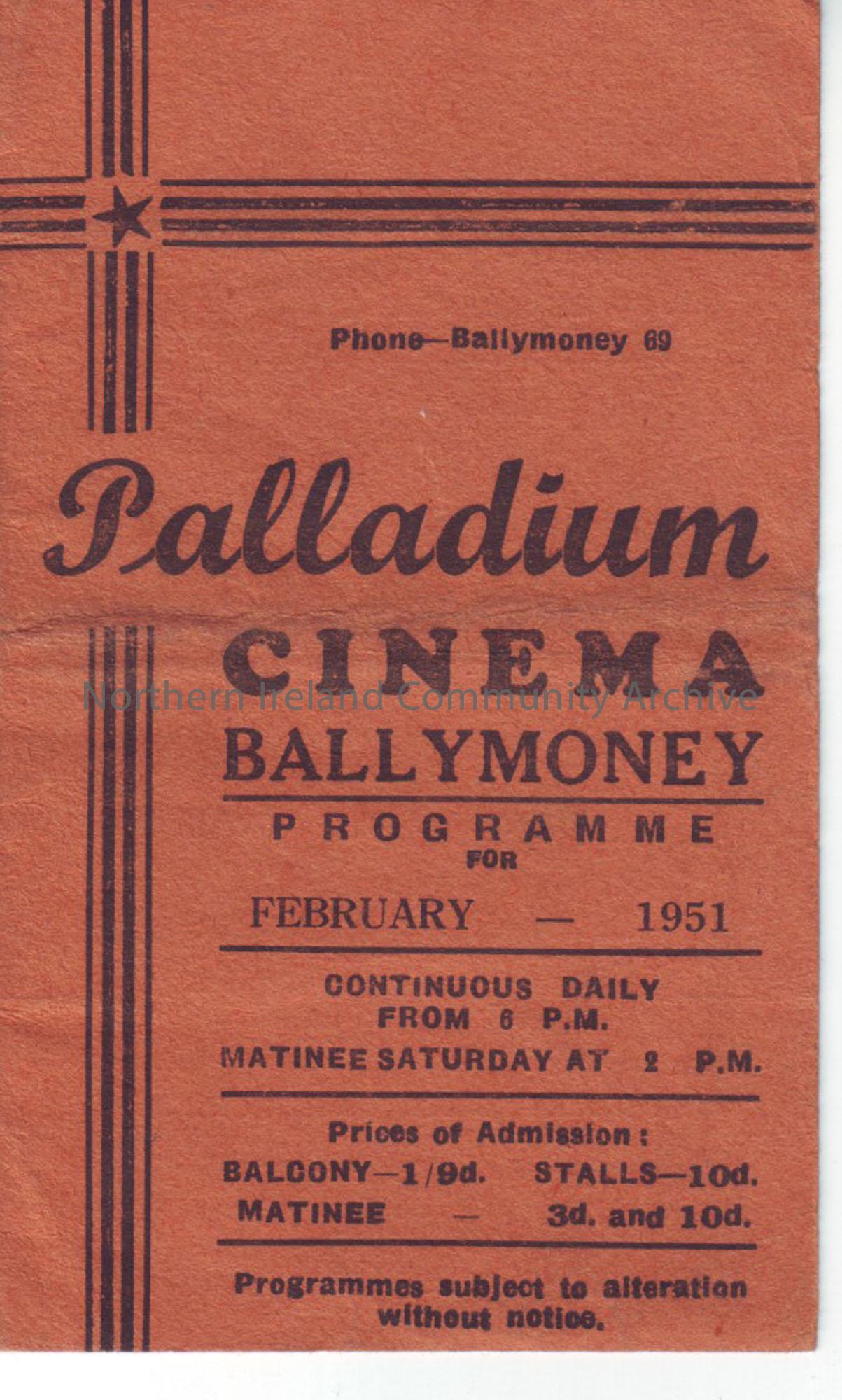 orange monthly programme for Ballymoney Palladium cinema- February 1951
