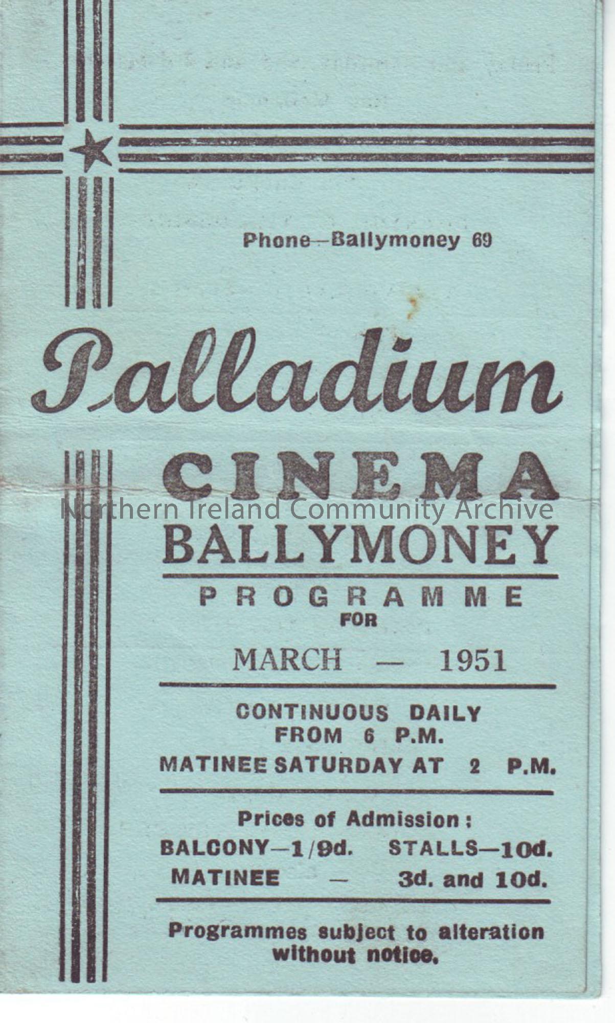 blue monthly programme for Ballymoney Palladium cinema- March 1951