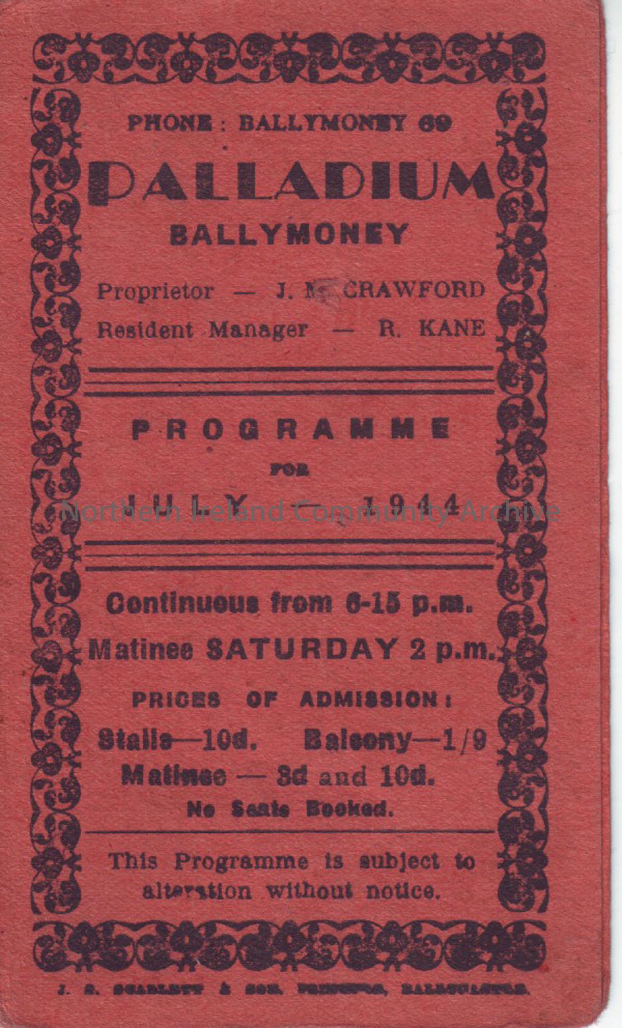 red programme for Ballymoney Palladium cinema- July 1944
