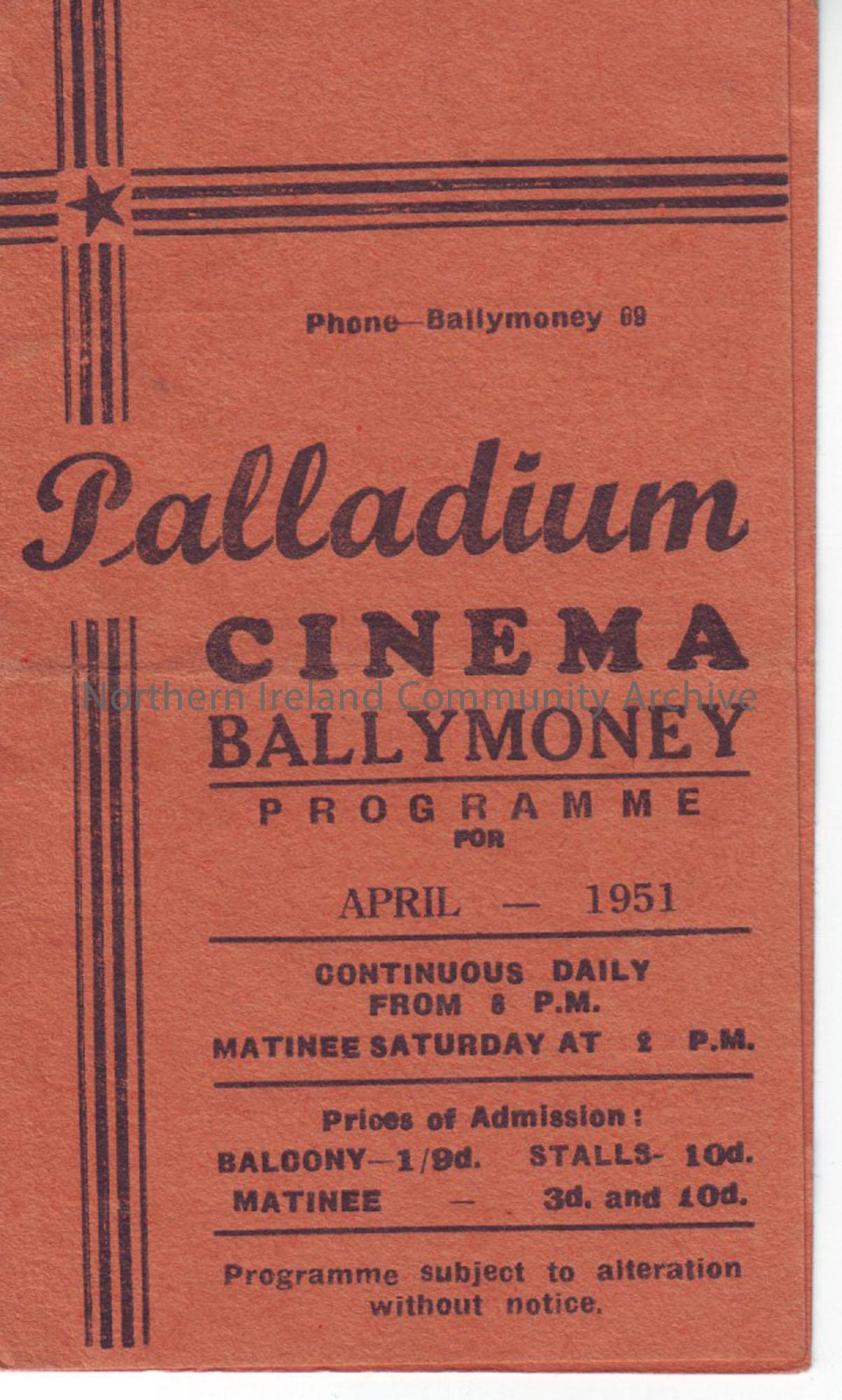 orange monthly programme for Ballymoney Palladium cinema- April 1951