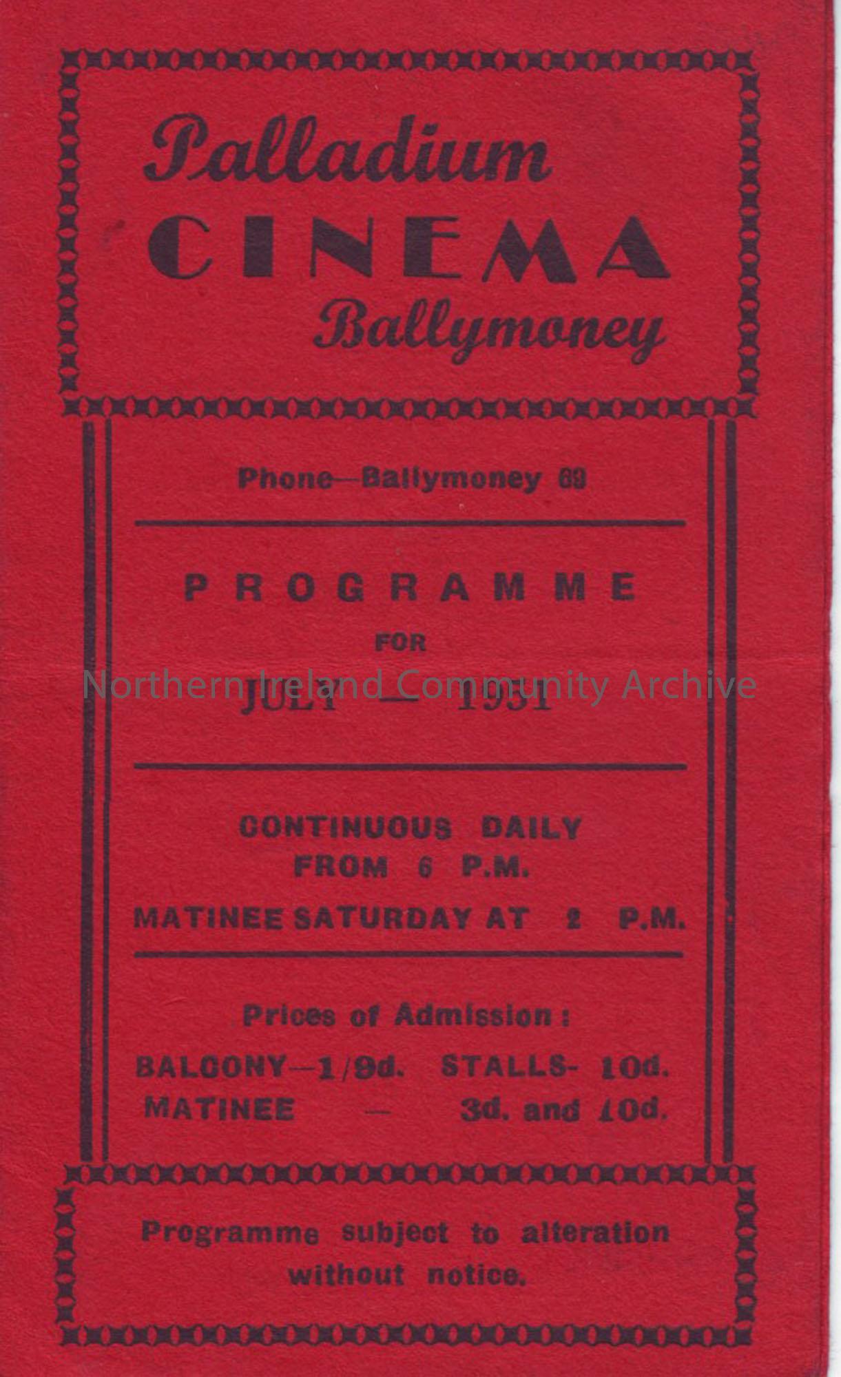 red monthly programme for Ballymoney Palladium cinema- July 1951