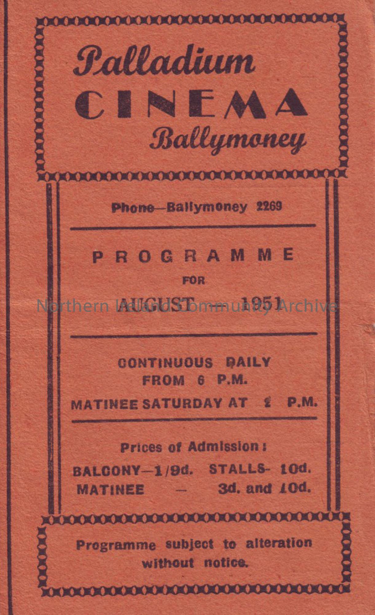 orange monthly programme for Ballymoney Palladium cinema- July 1951