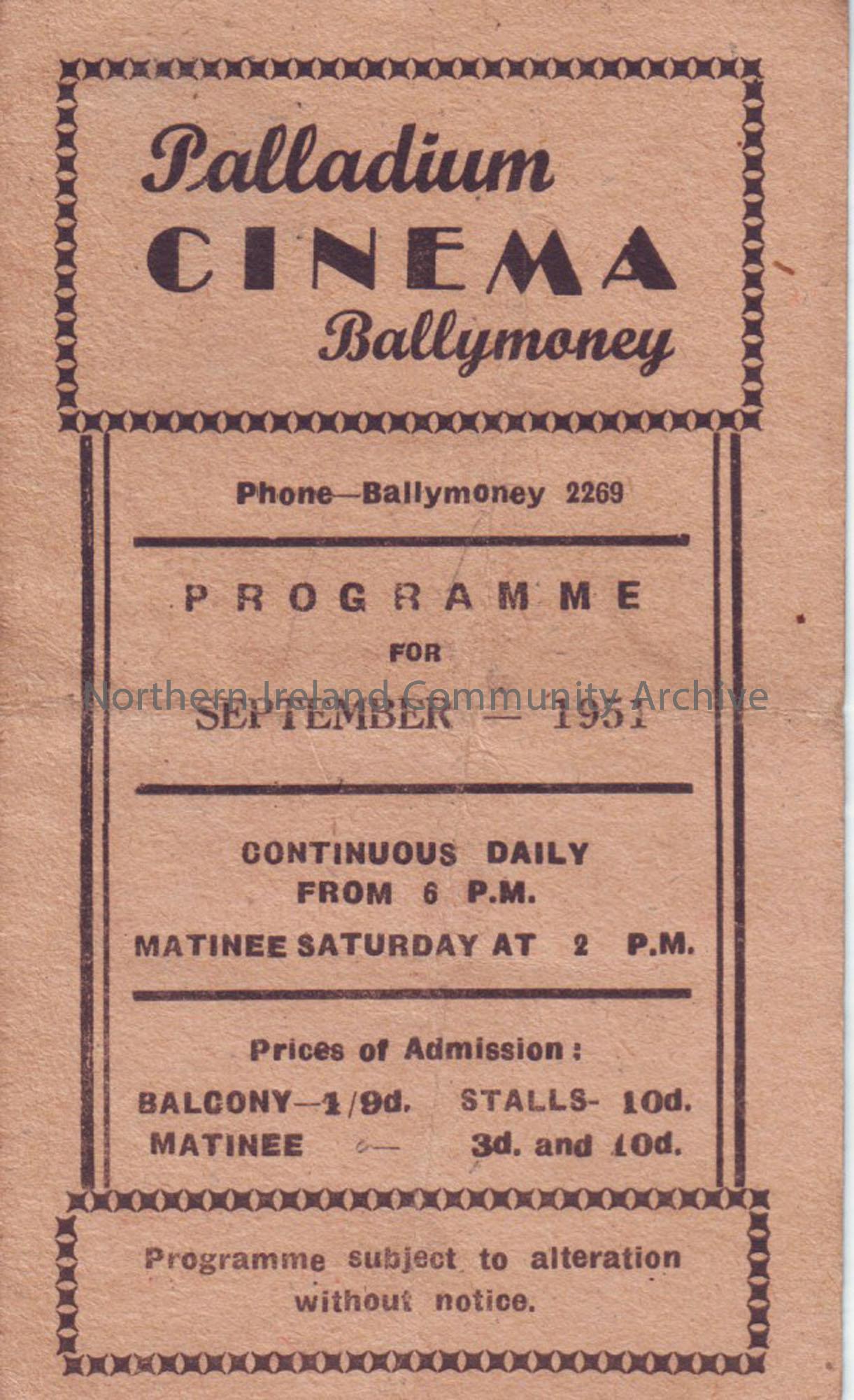 orange monthly programme for Ballymoney Palladium cinema- September 1951