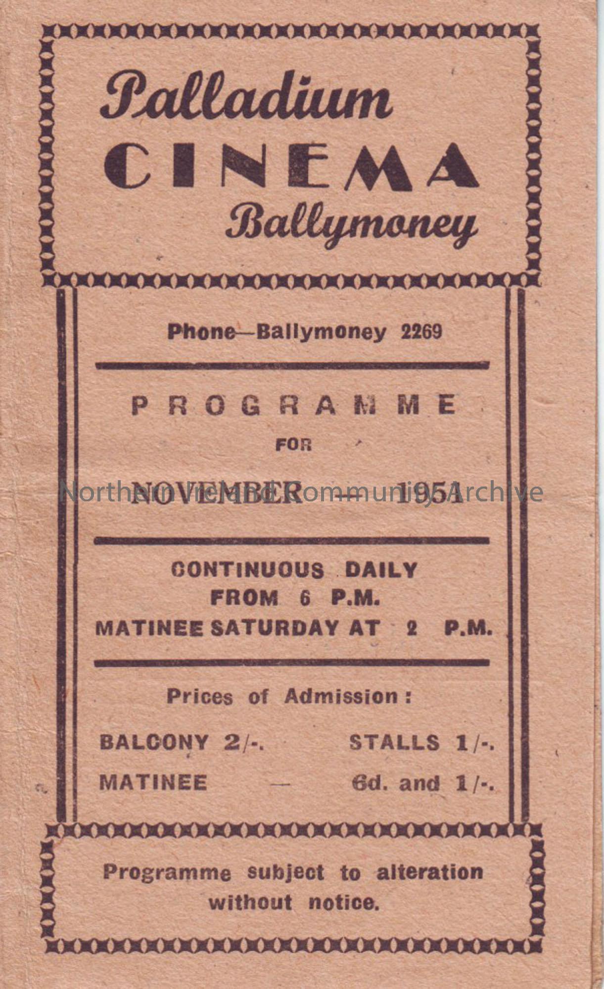 orange monthly programme for Ballymoney Palladium cinema- November 1951